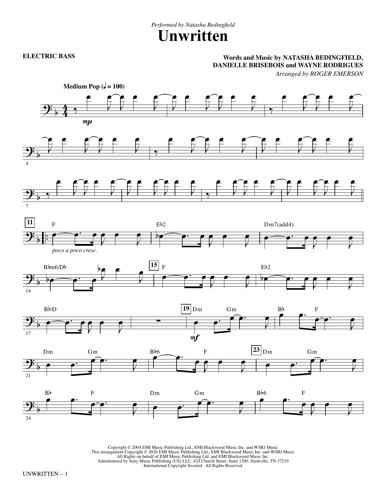 Unwritten (arr. Roger Emerson) - Electric Bass
