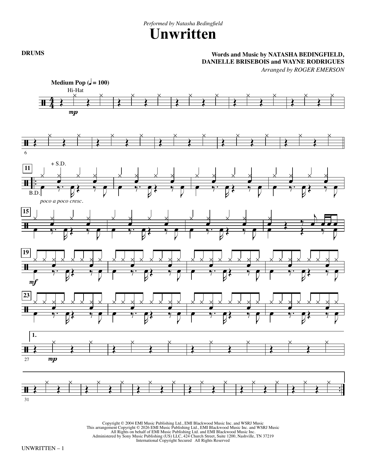 Unwritten (arr. Roger Emerson) - Drums