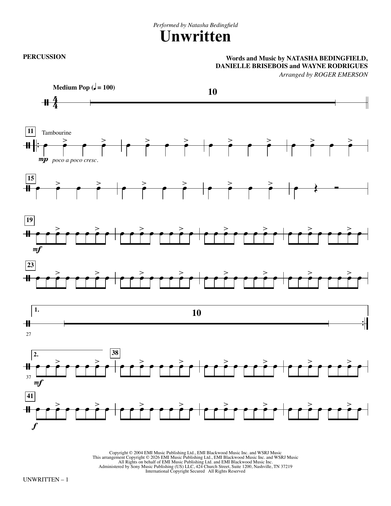 Unwritten (arr. Roger Emerson) - Percussion