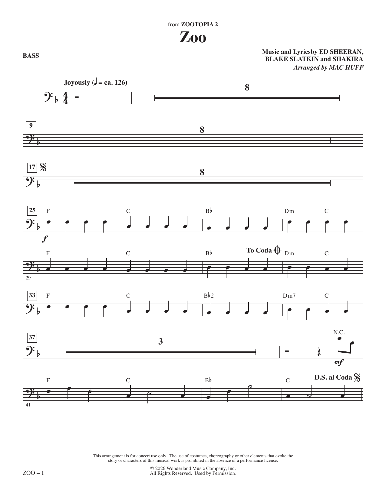 Zoo (from Zootopia 2) (arr. Mac Huff) - Bass