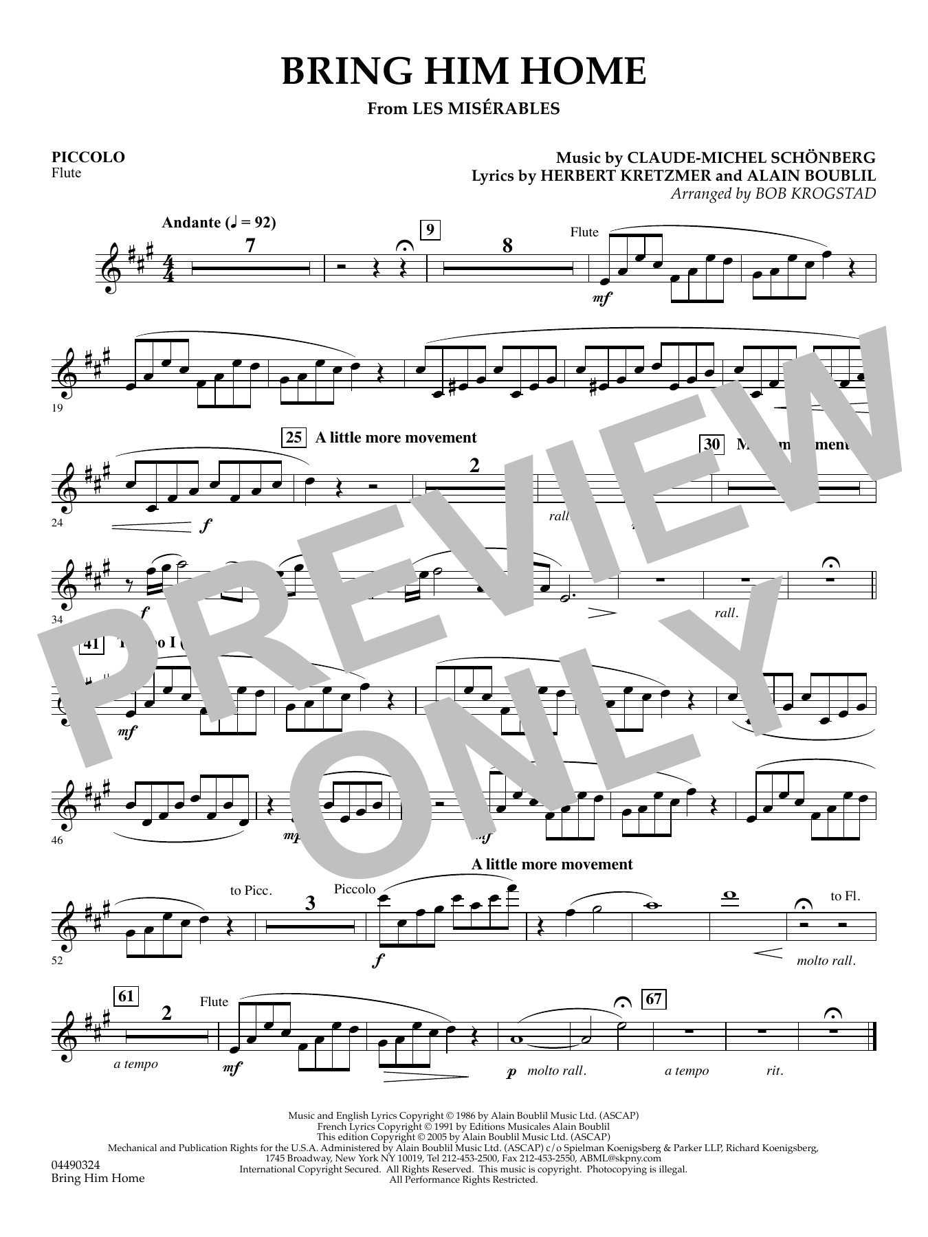 Bring Him Home (from Les Misérables) (arr. Bob Krogstad) - Piccolo