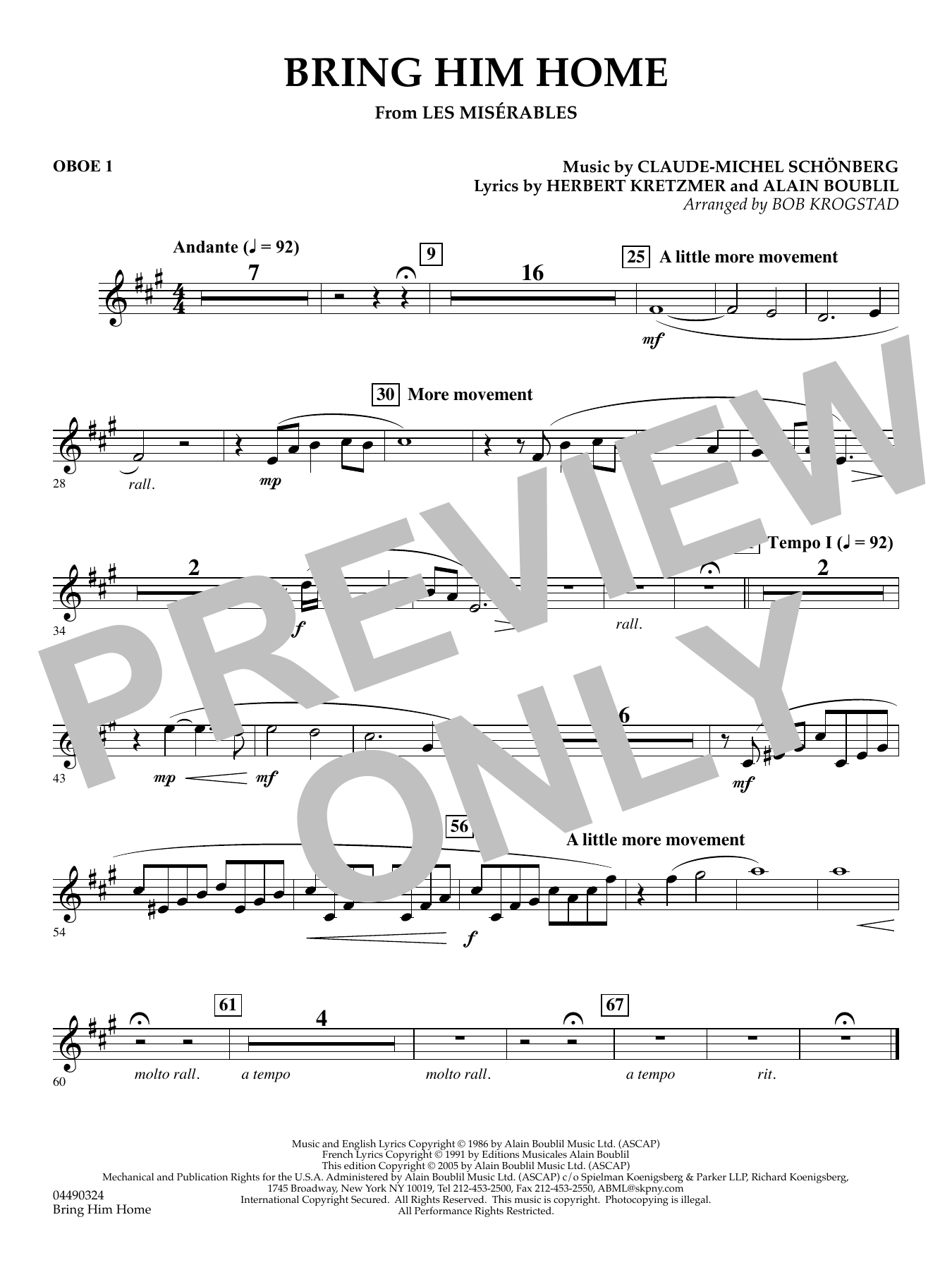 Bring Him Home (from Les Misérables) (arr. Bob Krogstad) - Oboe 1