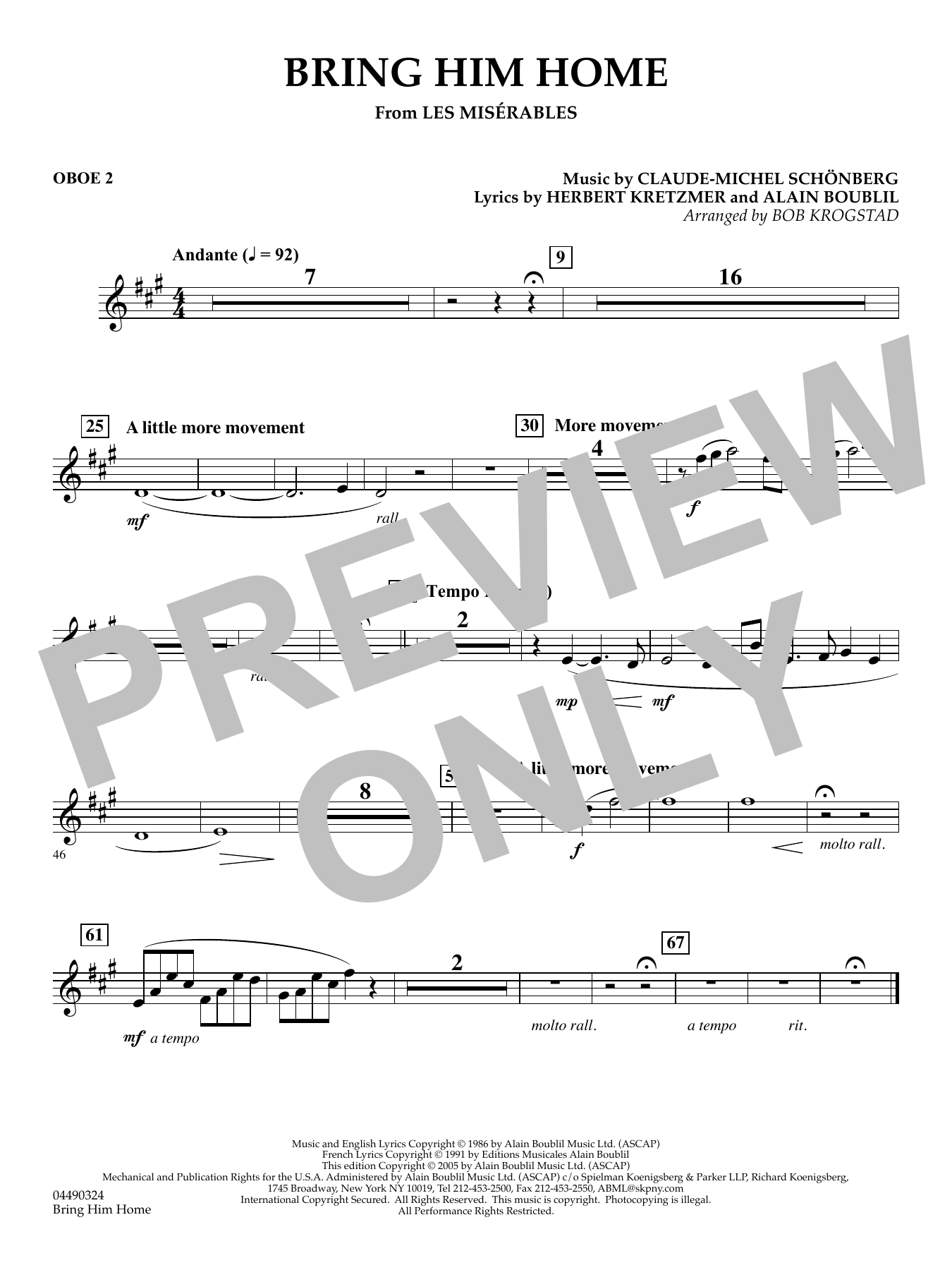Bring Him Home (from Les Misérables) (arr. Bob Krogstad) - Oboe 2