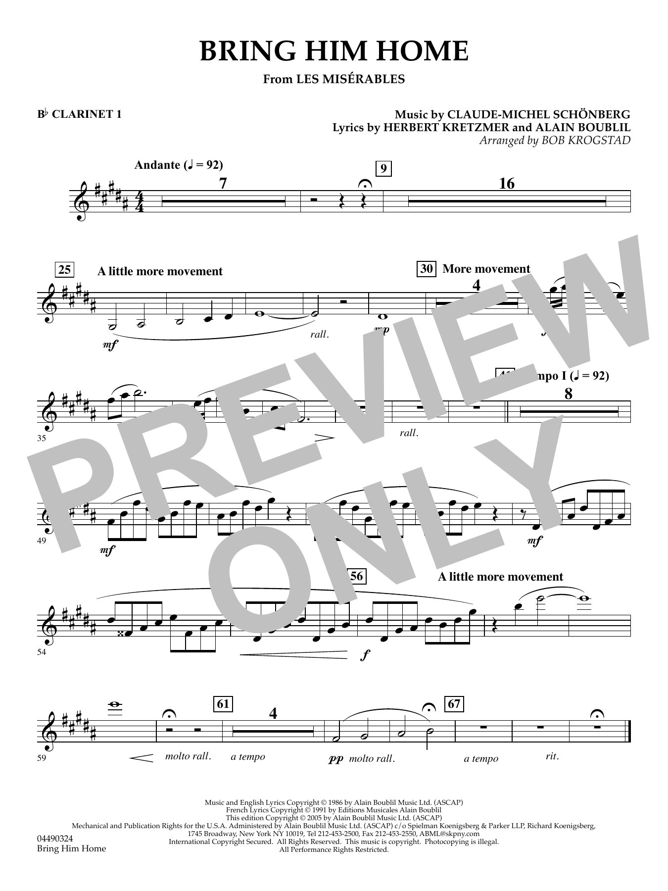 Bring Him Home (from Les Misérables) (arr. Bob Krogstad) - Bb Clarinet 1
