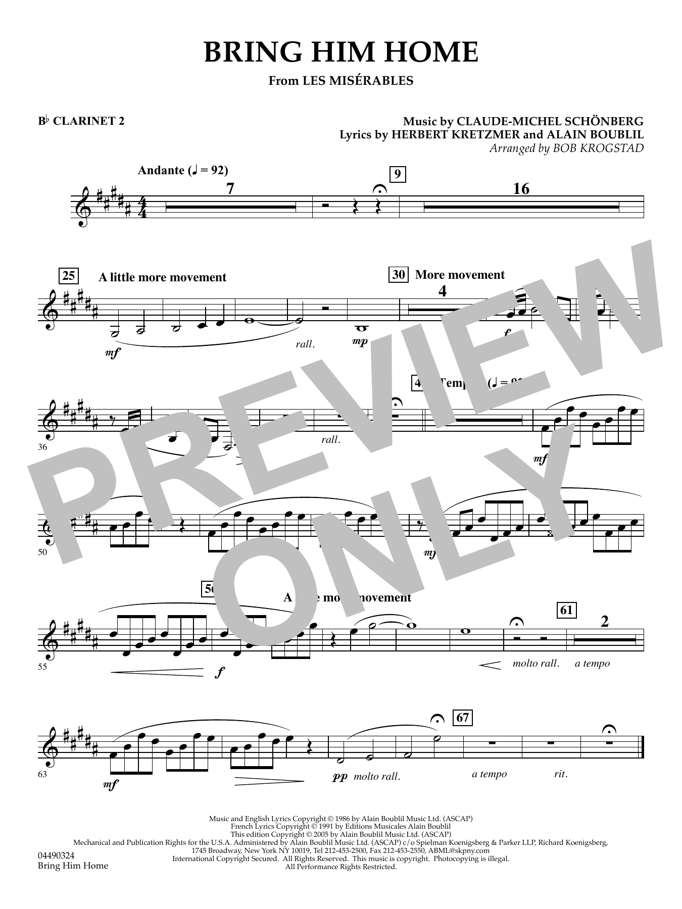 Bring Him Home (from Les Misérables) (arr. Bob Krogstad) - Bb Clarinet 2