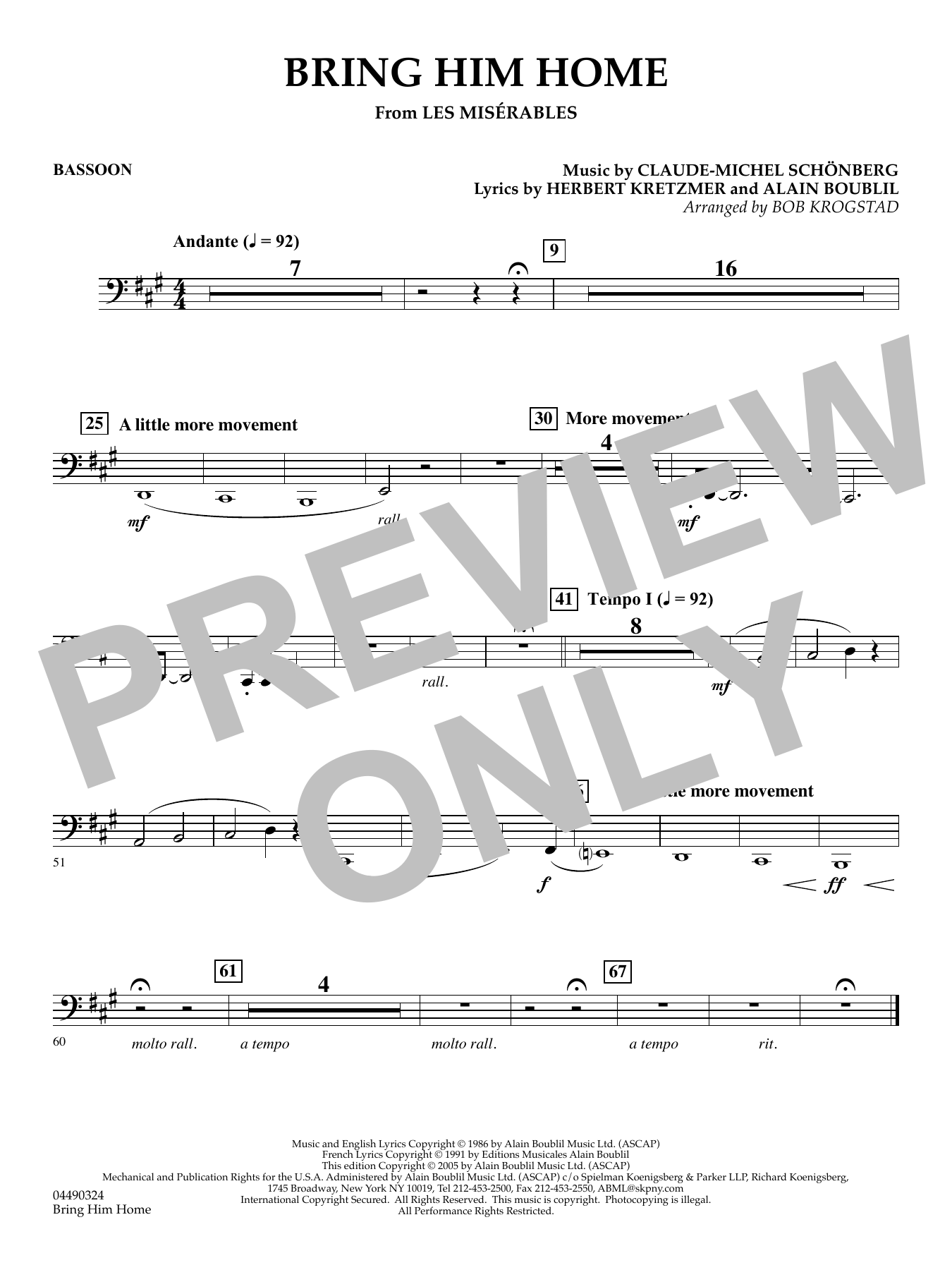 Bring Him Home (from Les Misérables) (arr. Bob Krogstad) - Bassoon