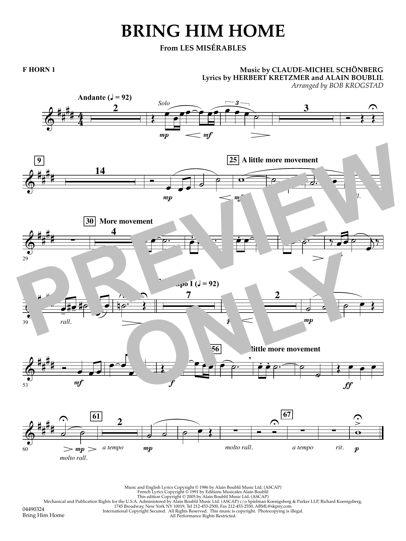 Bring Him Home (from Les Misérables) (arr. Bob Krogstad) - F Horn 1