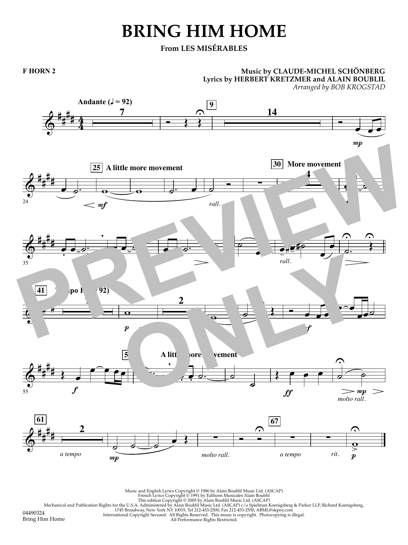Bring Him Home (from Les Misérables) (arr. Bob Krogstad) - F Horn 2