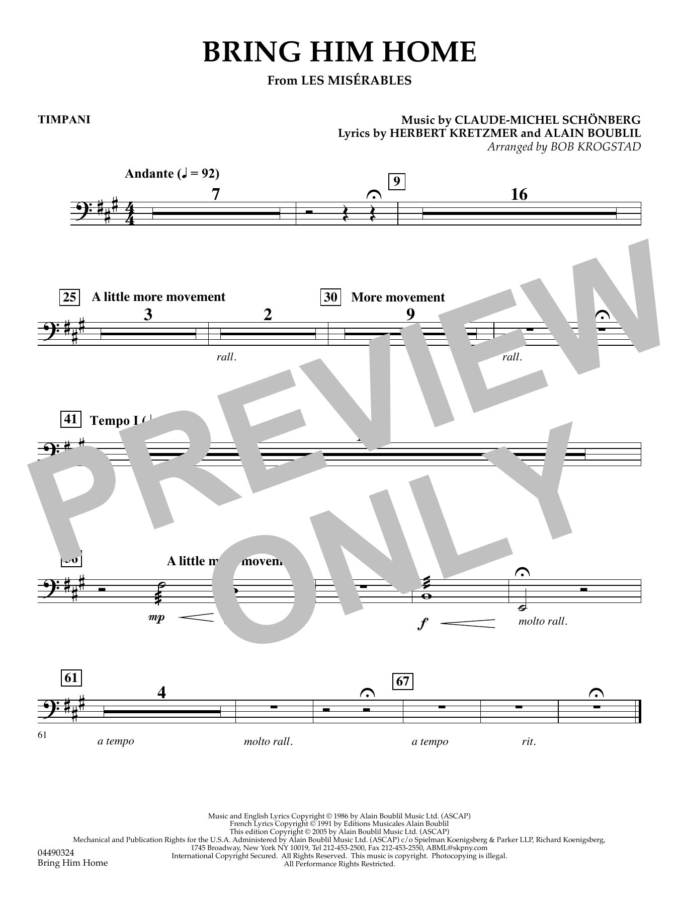 Bring Him Home (from Les Misérables) (arr. Bob Krogstad) - Timpani