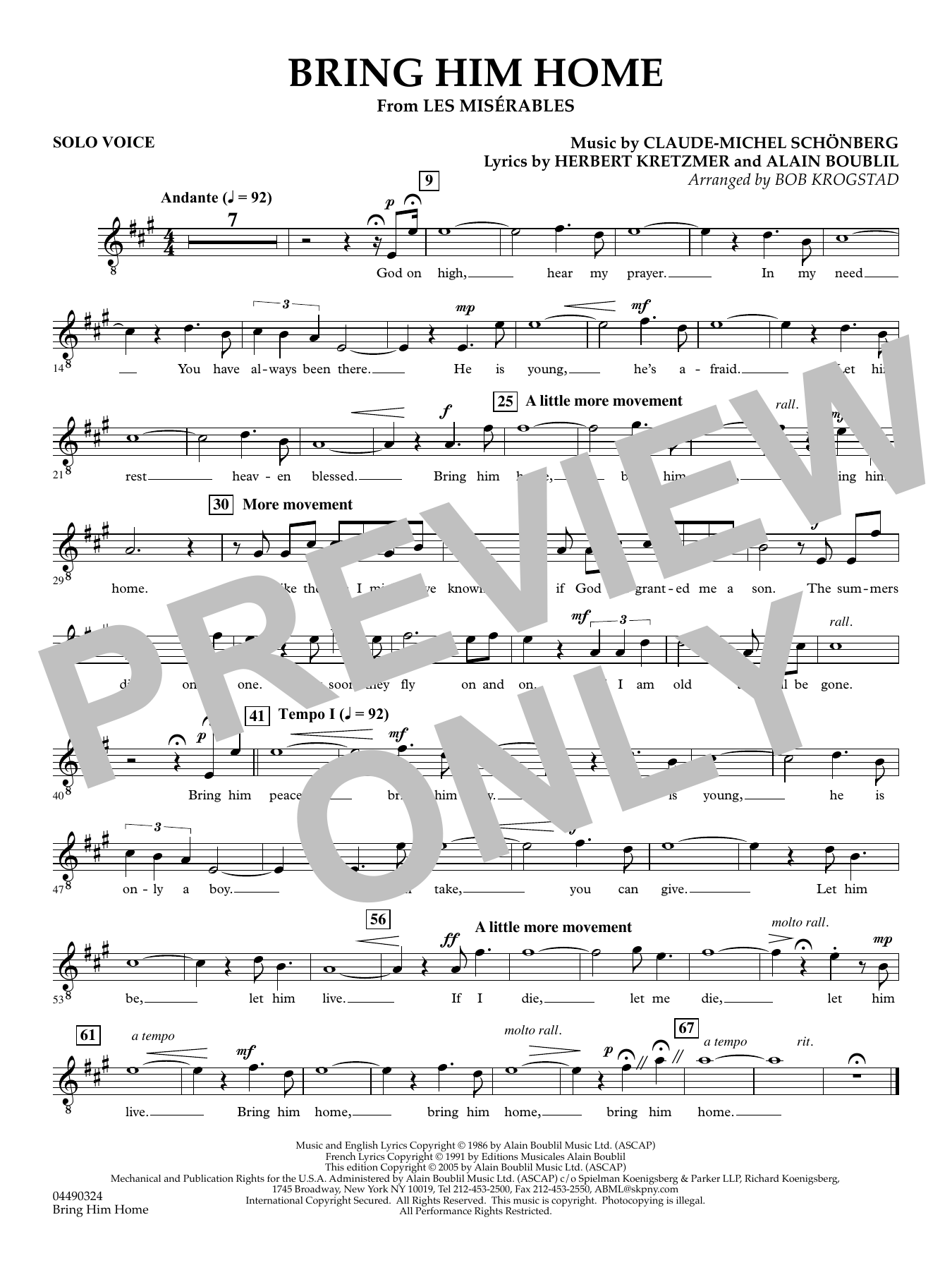 Bring Him Home (from Les Misérables) (arr. Bob Krogstad) - Solo Voice