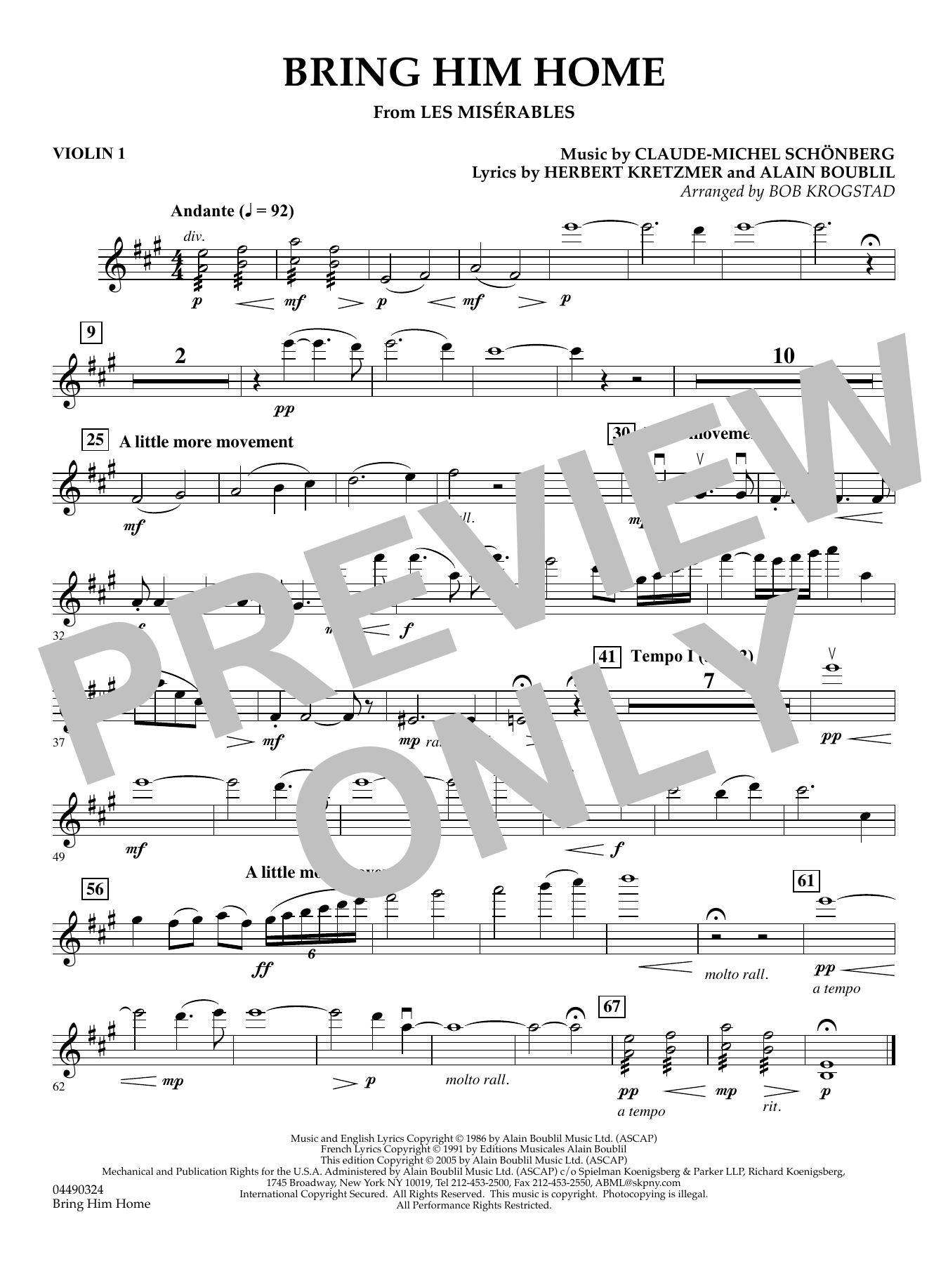 Bring Him Home (from Les Misérables) (arr. Bob Krogstad) - Violin 1