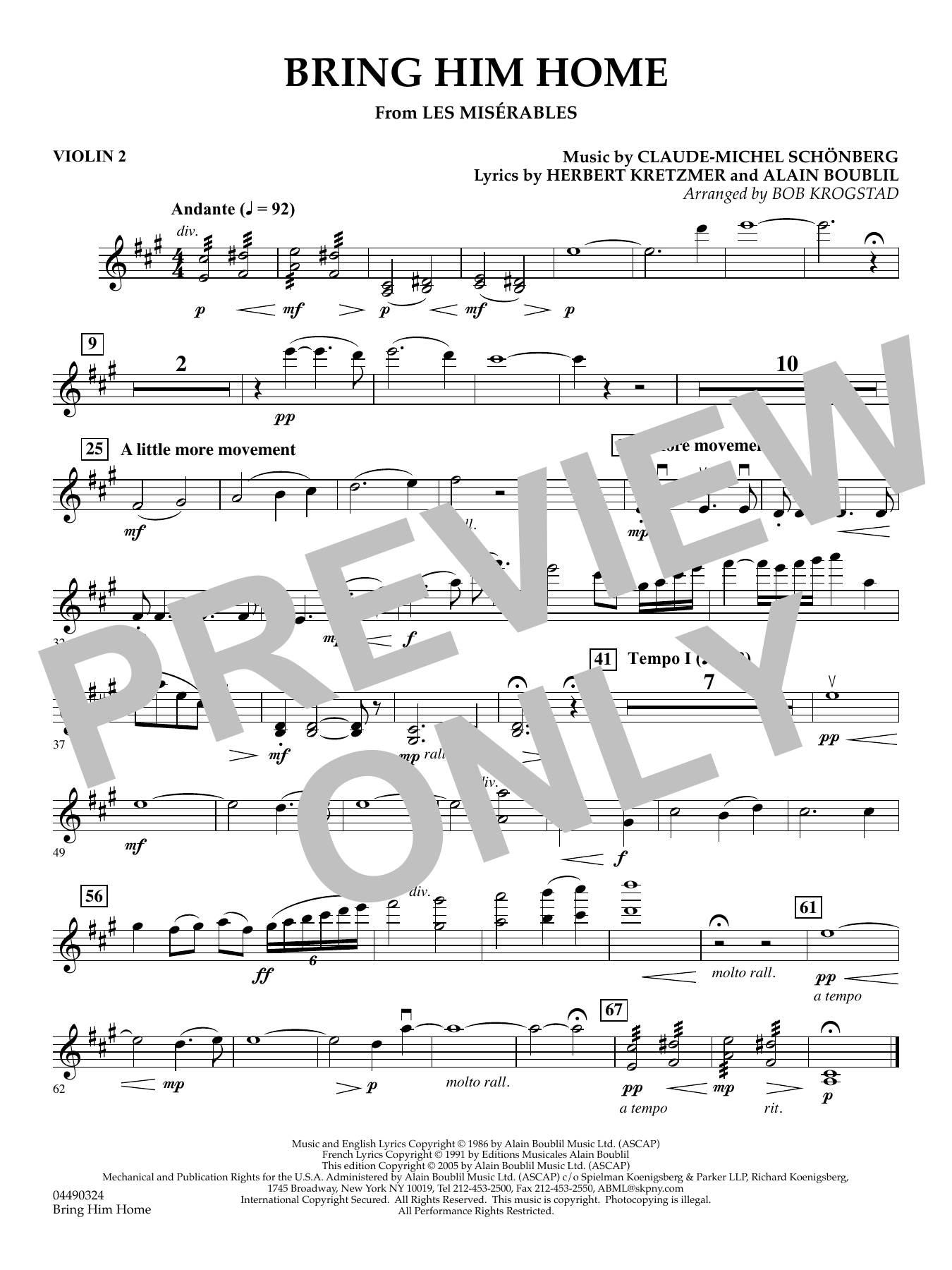 Bring Him Home (from Les Misérables) (arr. Bob Krogstad) - Violin 2