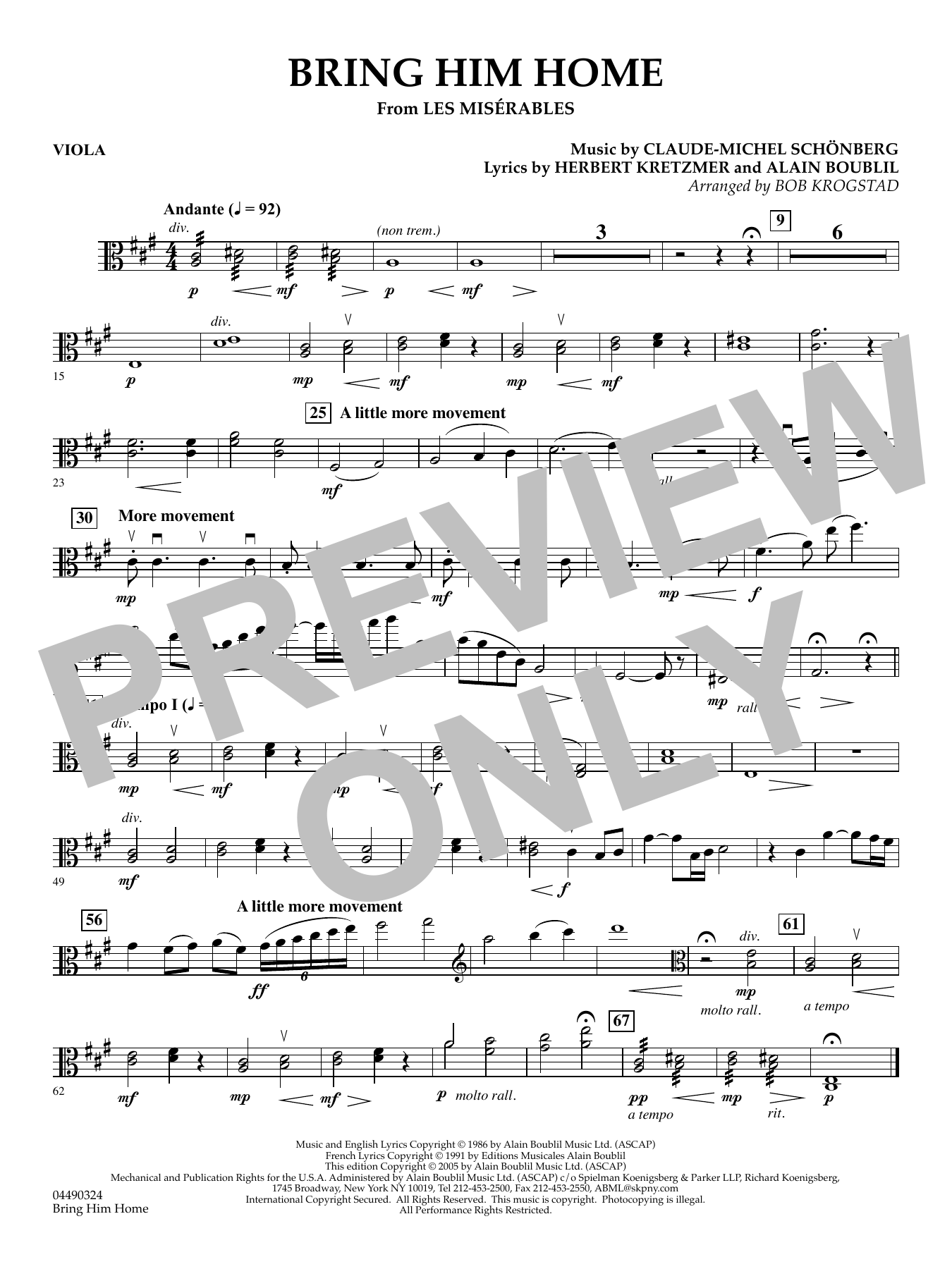 Bring Him Home (from Les Misérables) (arr. Bob Krogstad) - Viola