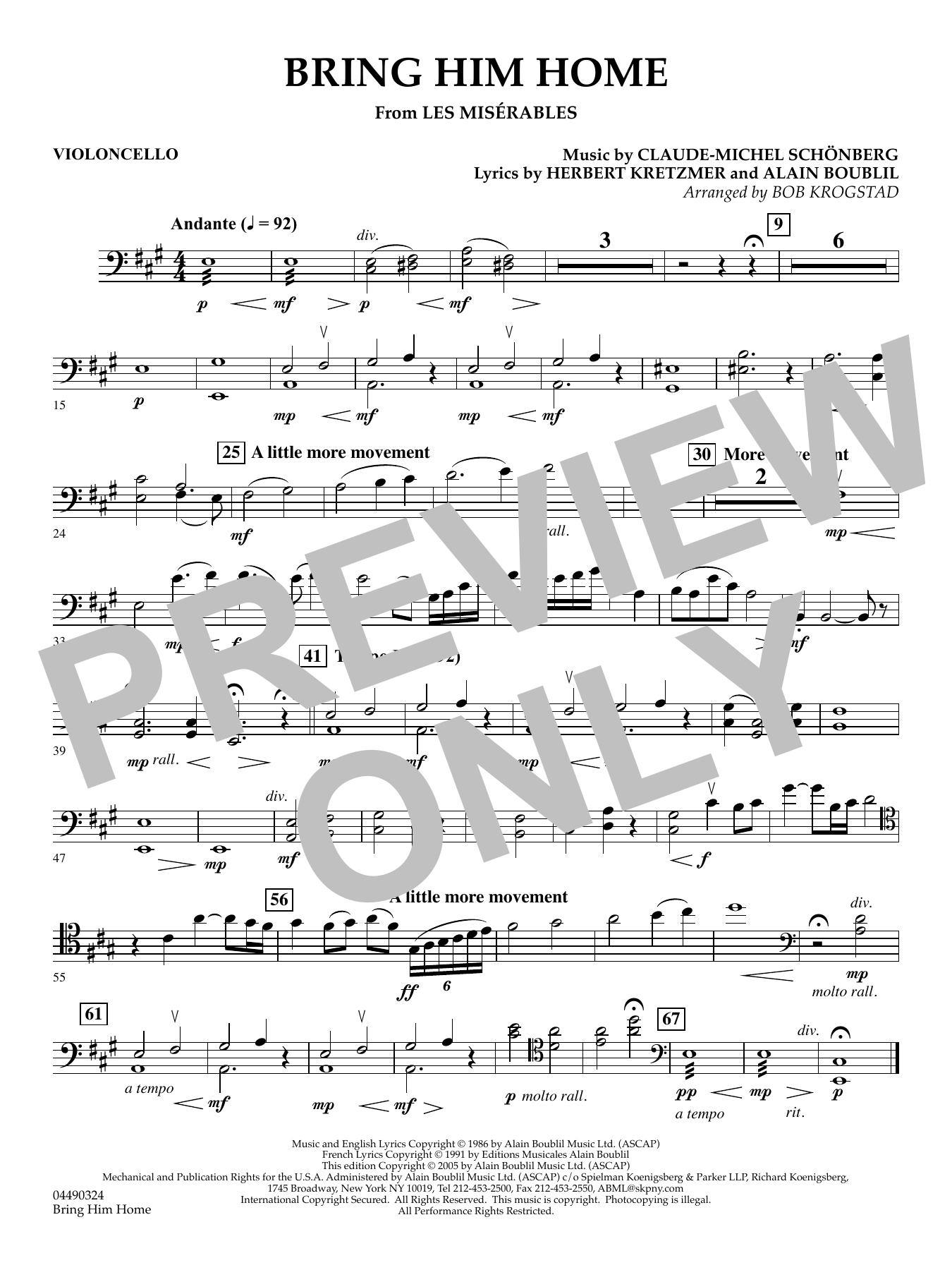 Bring Him Home (from Les Misérables) (arr. Bob Krogstad) - Violoncello