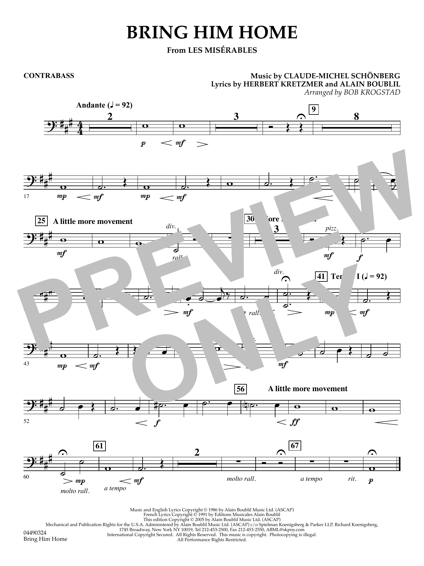 Bring Him Home (from Les Misérables) (arr. Bob Krogstad) - Contrabass