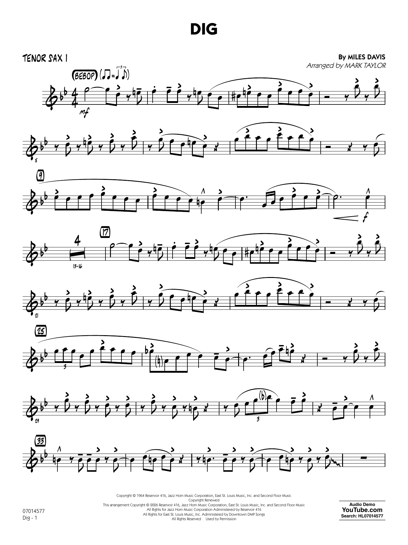 Dig (arr. Mark Taylor) - Tenor Sax 1
