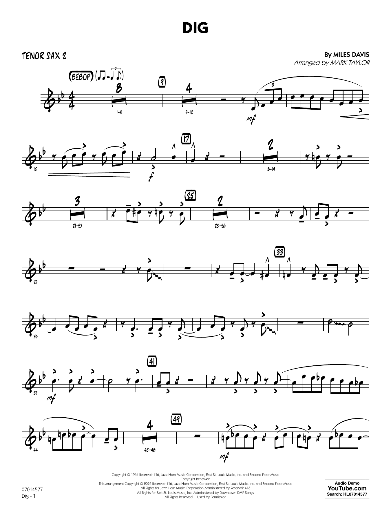 Dig (arr. Mark Taylor) - Tenor Sax 2