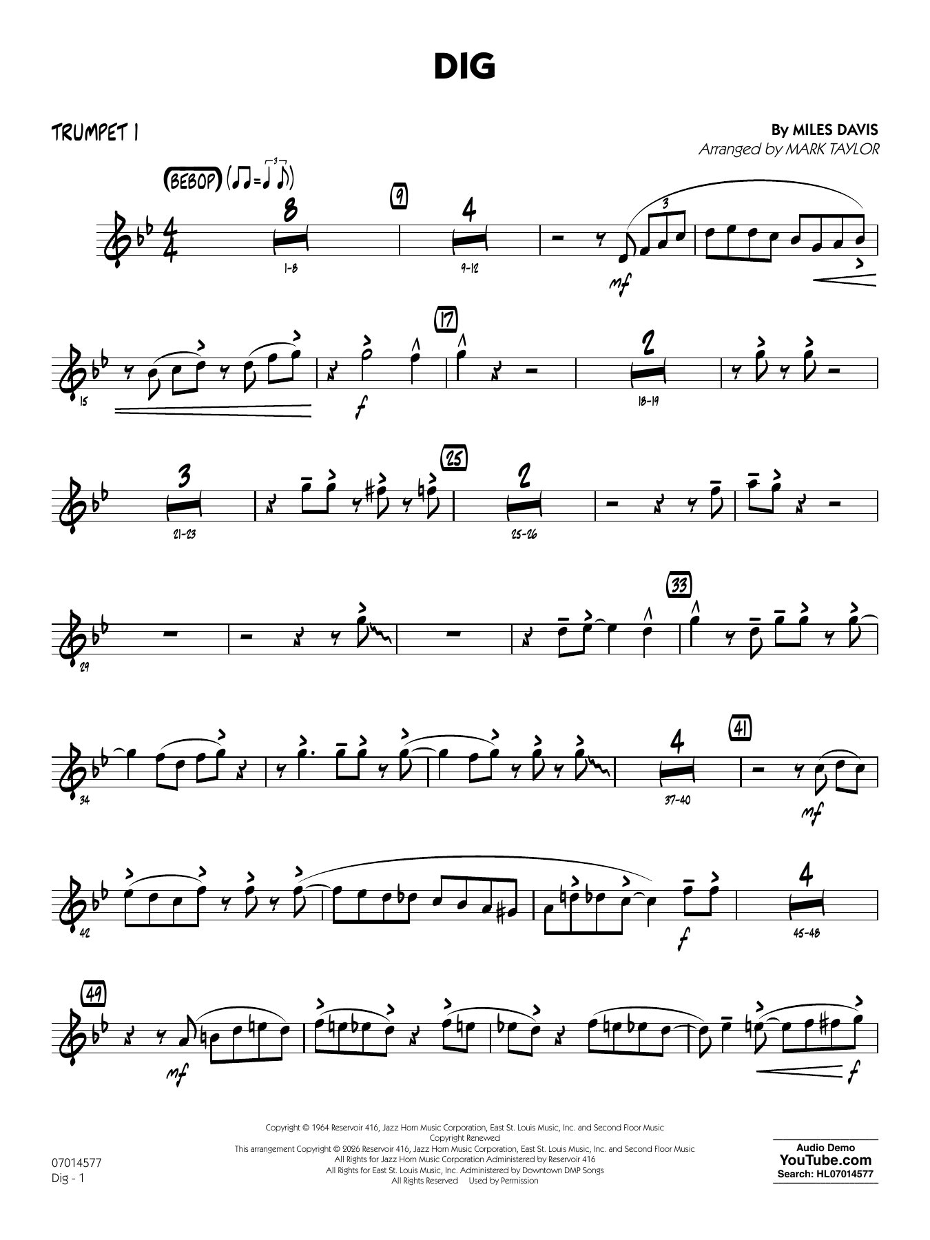 Dig (arr. Mark Taylor) - Trumpet 1