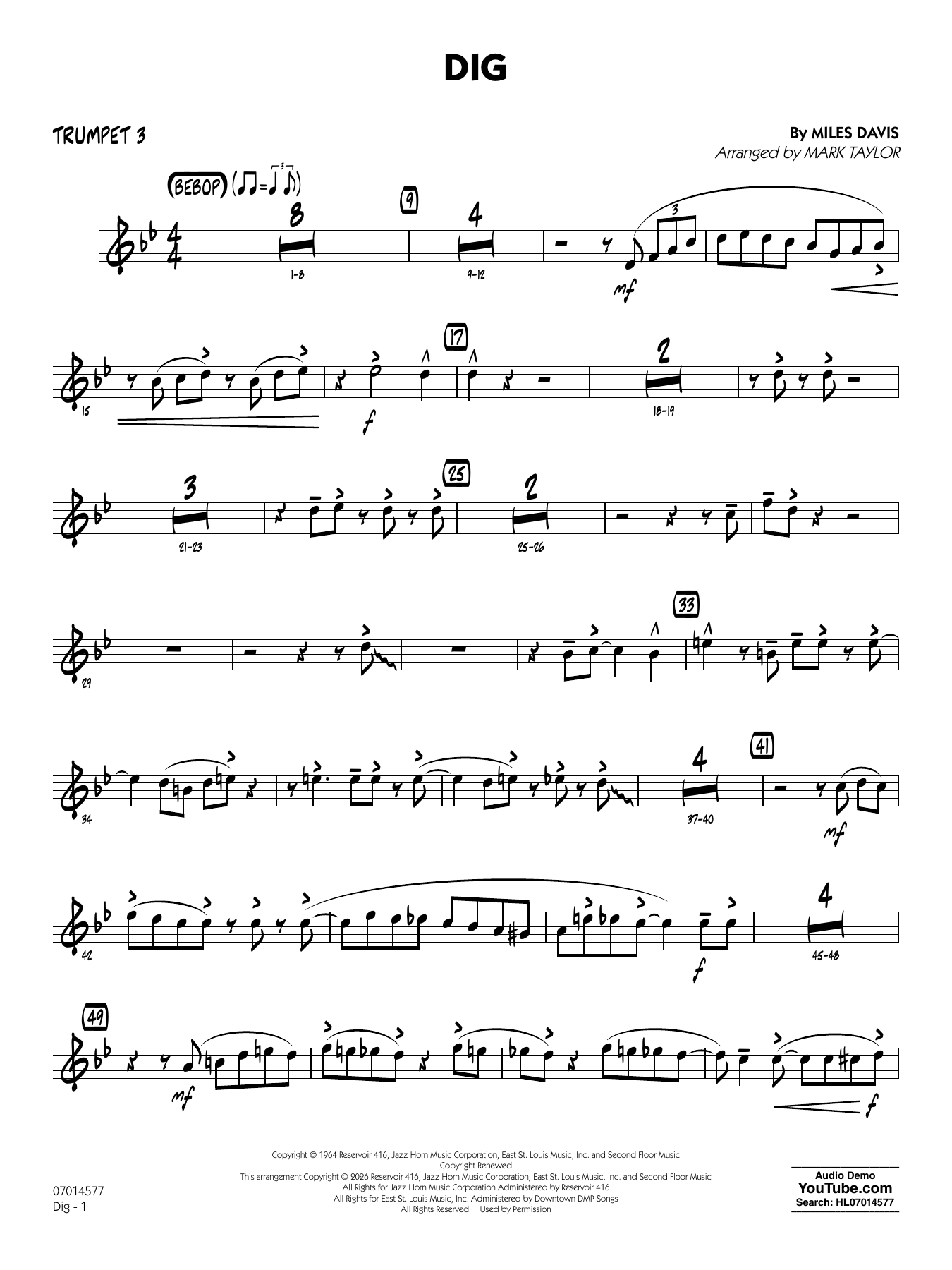 Dig (arr. Mark Taylor) - Trumpet 3