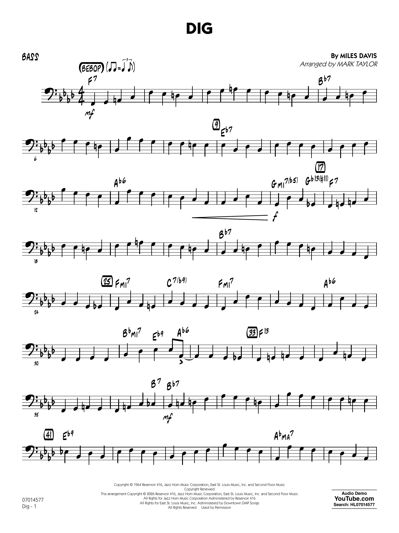 Dig (arr. Mark Taylor) - Bass