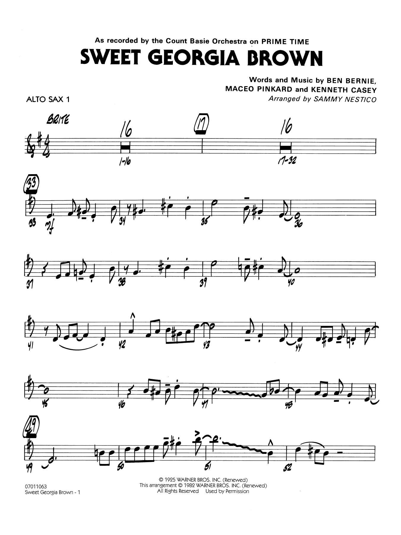 Sweet Georgia Brown (arr. Sammy Nestico) - Alto Sax 1