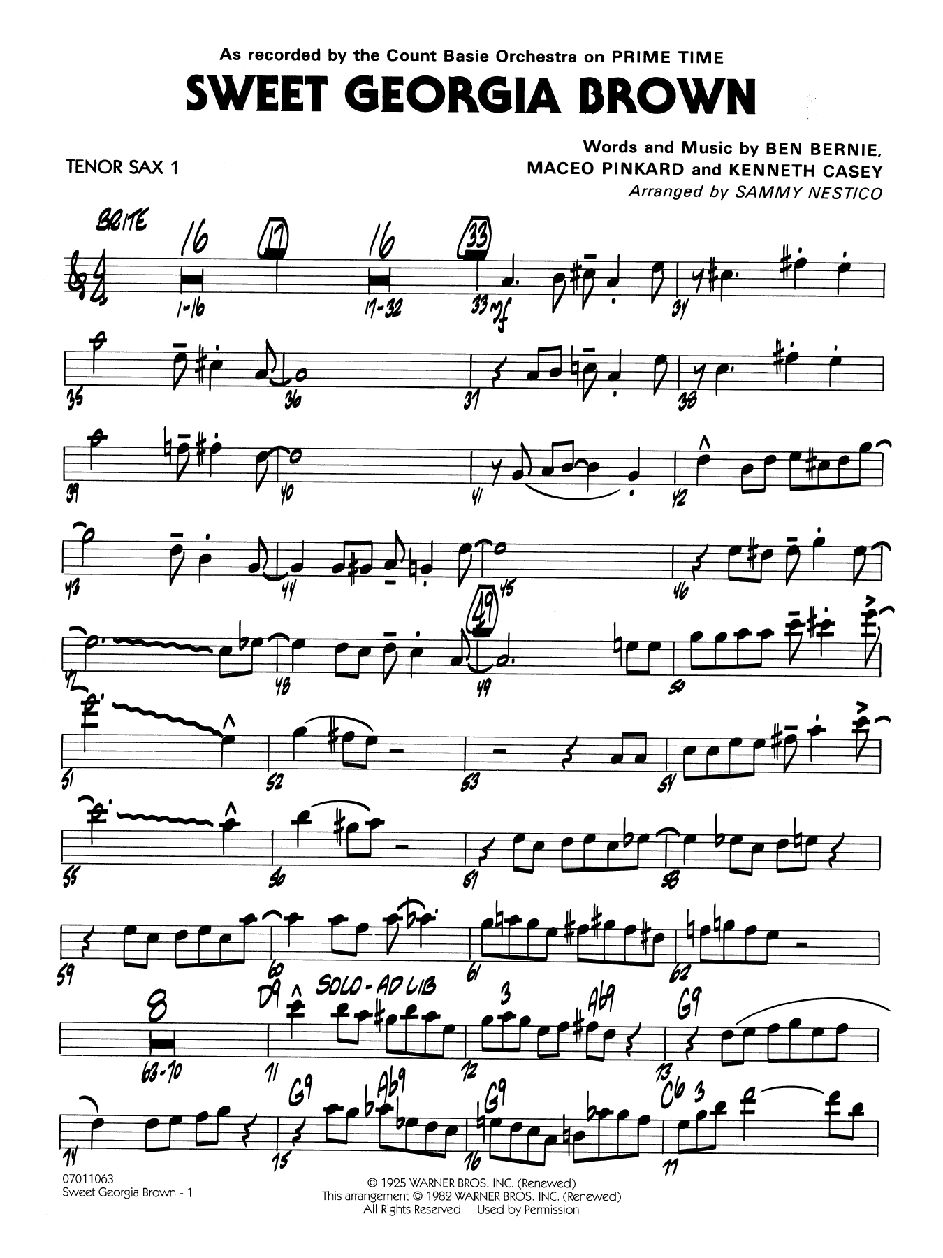 Sweet Georgia Brown (arr. Sammy Nestico) - Tenor Sax 1