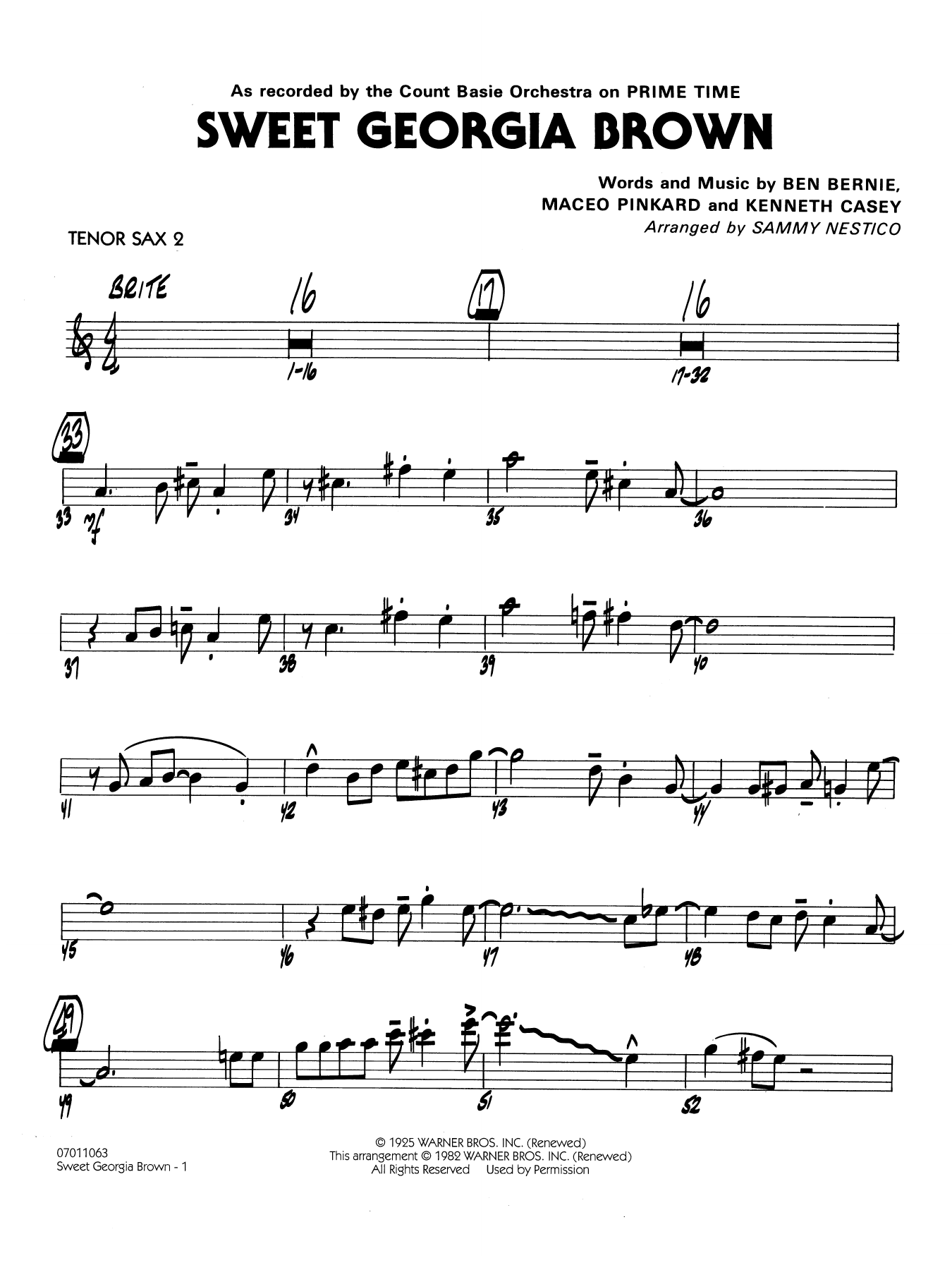 Sweet Georgia Brown (arr. Sammy Nestico) - Tenor Sax 2