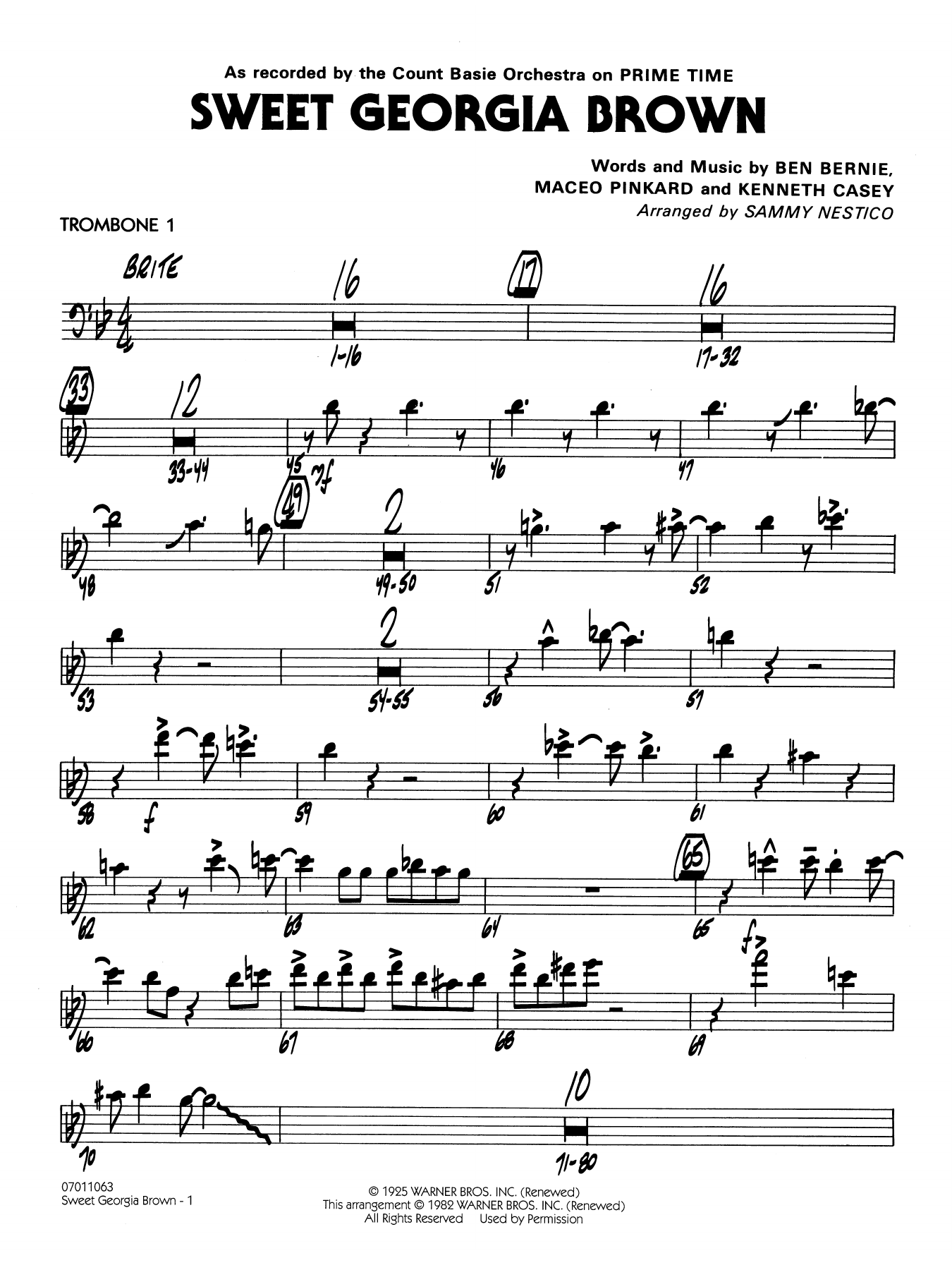 Sweet Georgia Brown (arr. Sammy Nestico) - Trombone 1