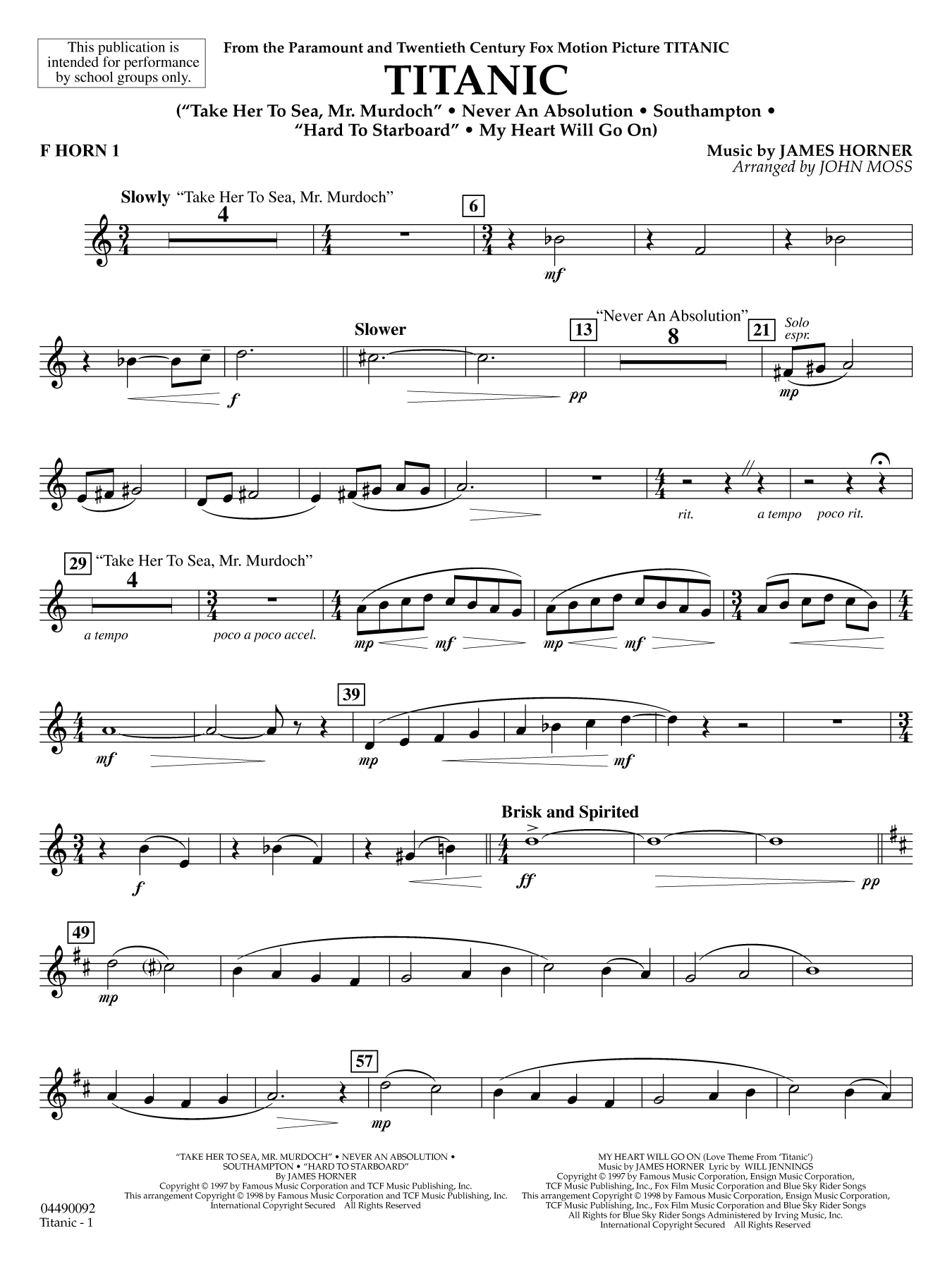 Titanic (arr. John Moss) - F Horn 1