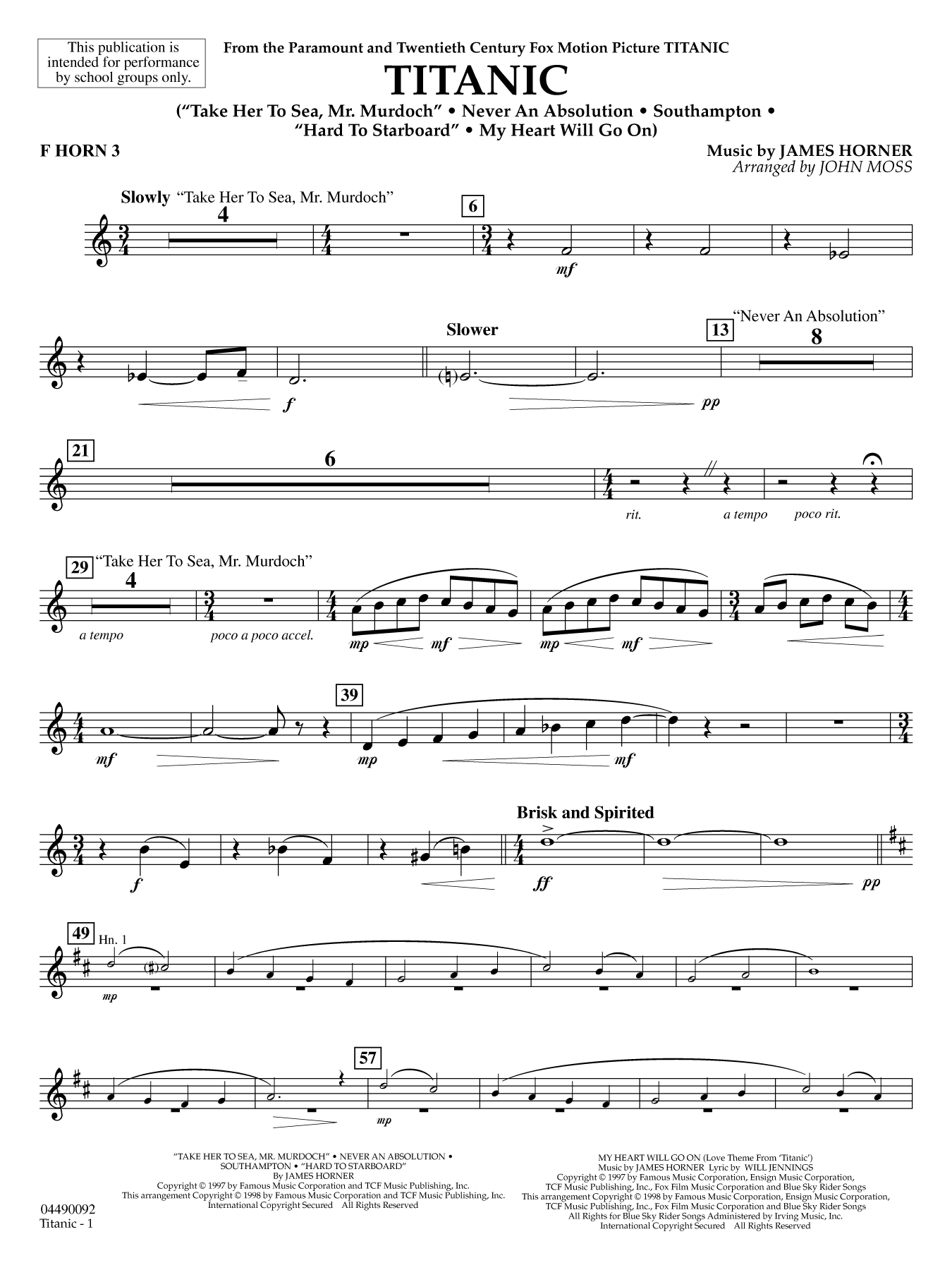 Titanic (arr. John Moss) - F Horn 3
