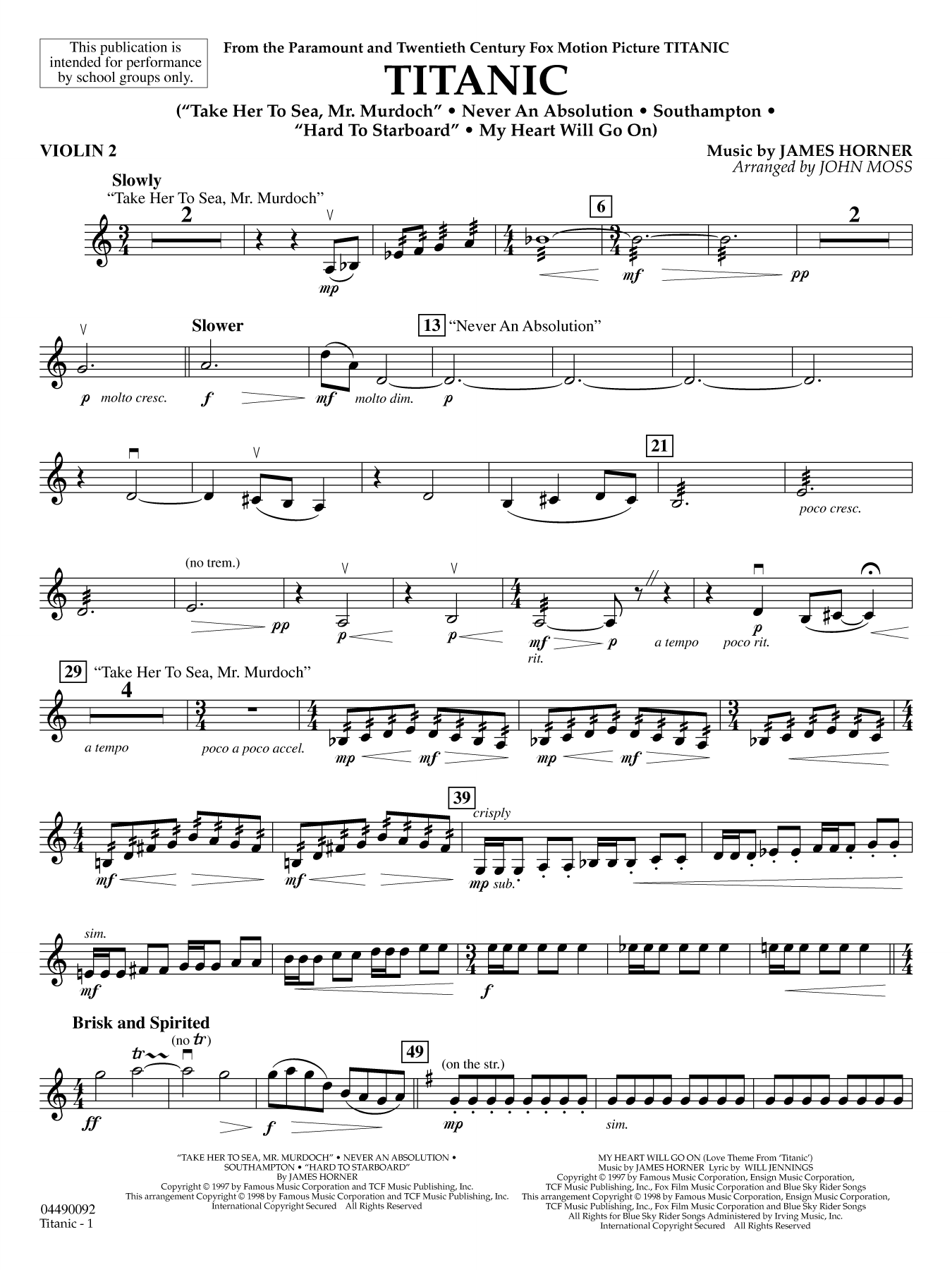 Titanic (arr. John Moss) - Violin 2