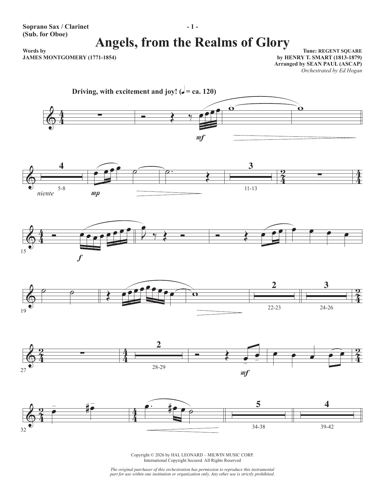 Angels From The Realms Of Glory - Soprano Sax/Clarinet(sub oboe)