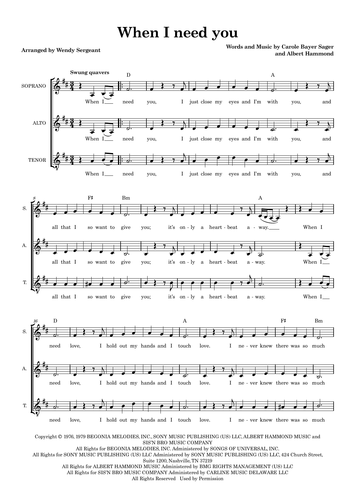 When I Need You (arr. Wendy Sergeant) – Carole Bayer Sager, Albert Hammond – Notenvorschau