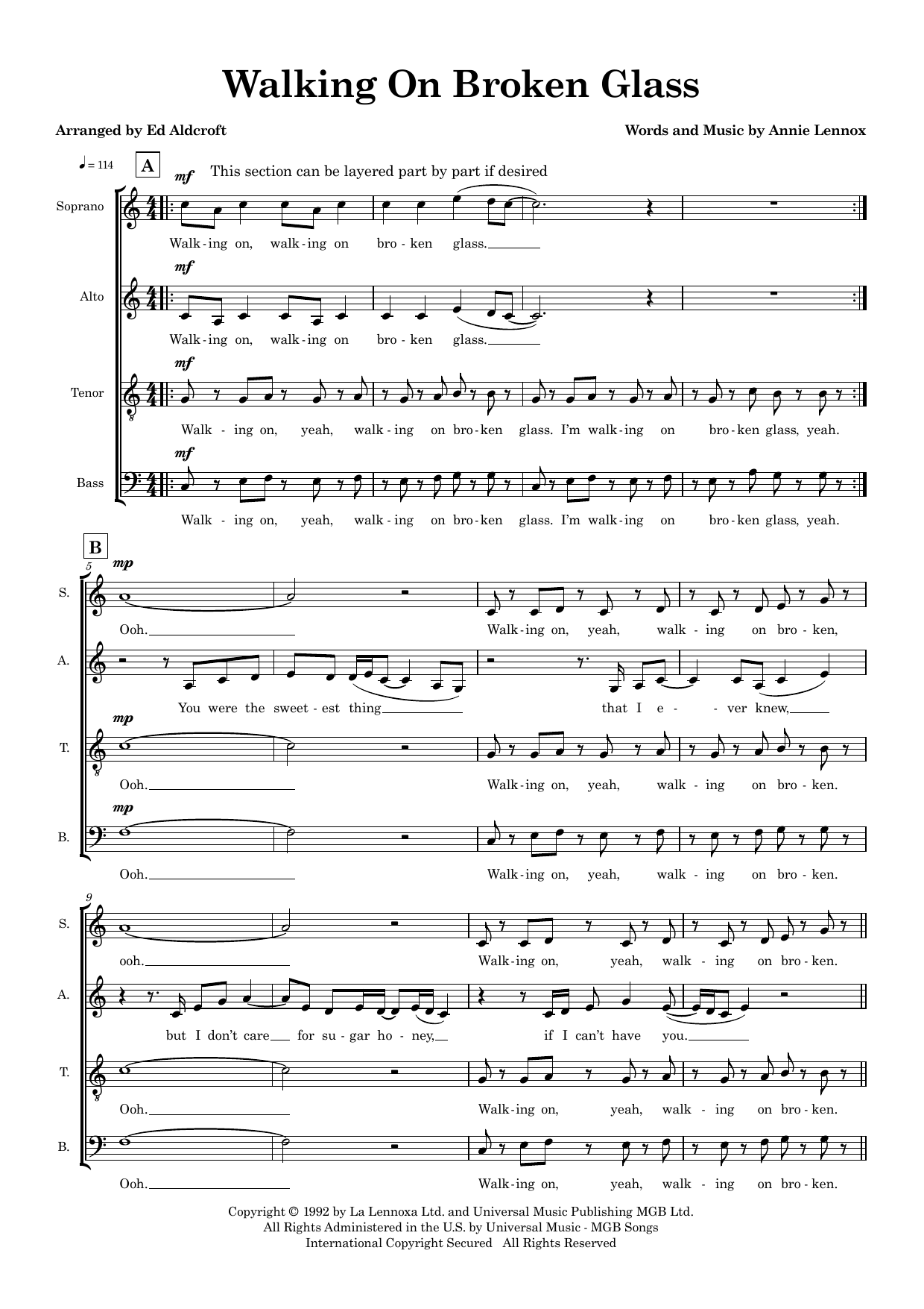 Walking On Broken Glass (arr. Ed Aldcroft) – Annie Lennox – Notenvorschau
