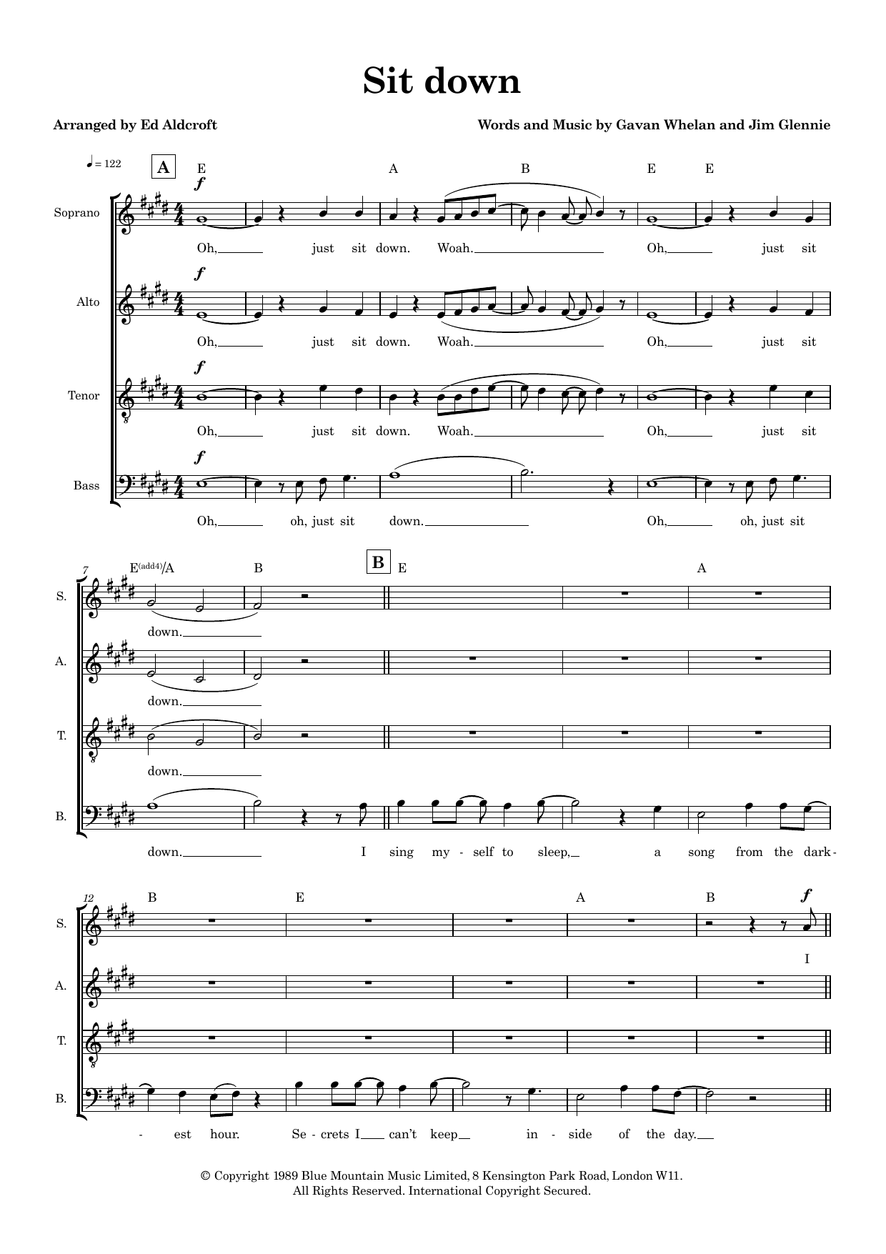 Sit Down (arr. Ed Aldcroft) – Jim Glennie, Gavan Whelan – Notenvorschau