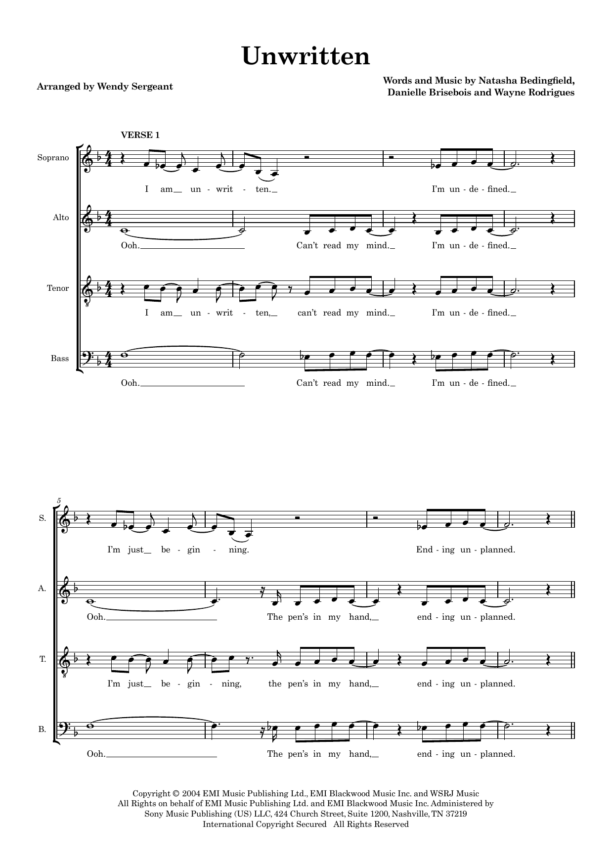 Unwritten (arr. Wendy Sergeant) – Natasha Bedingfield, Wayne Rodrigues, Danielle Brisebois – Notenvorschau