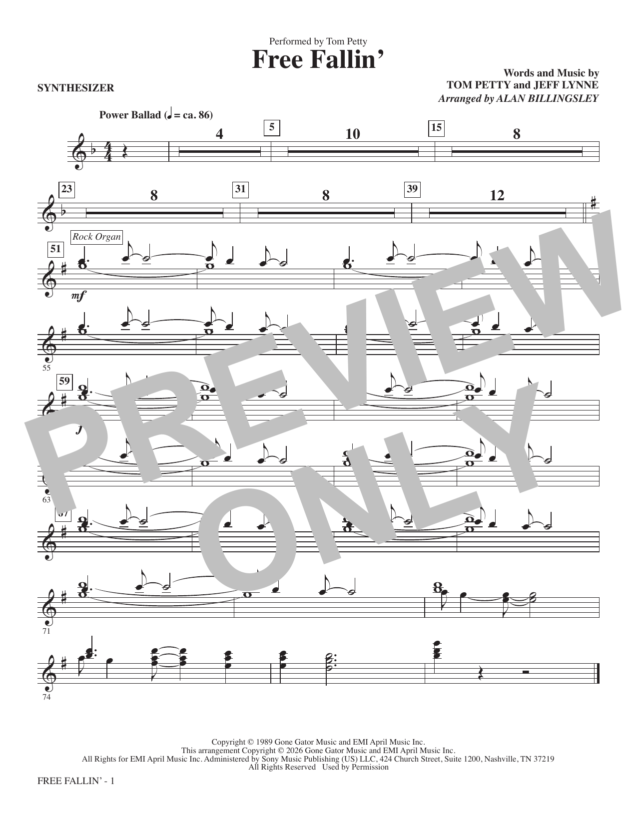 Free Fallin' (arr. Alan Billingsley) - Synthesizer