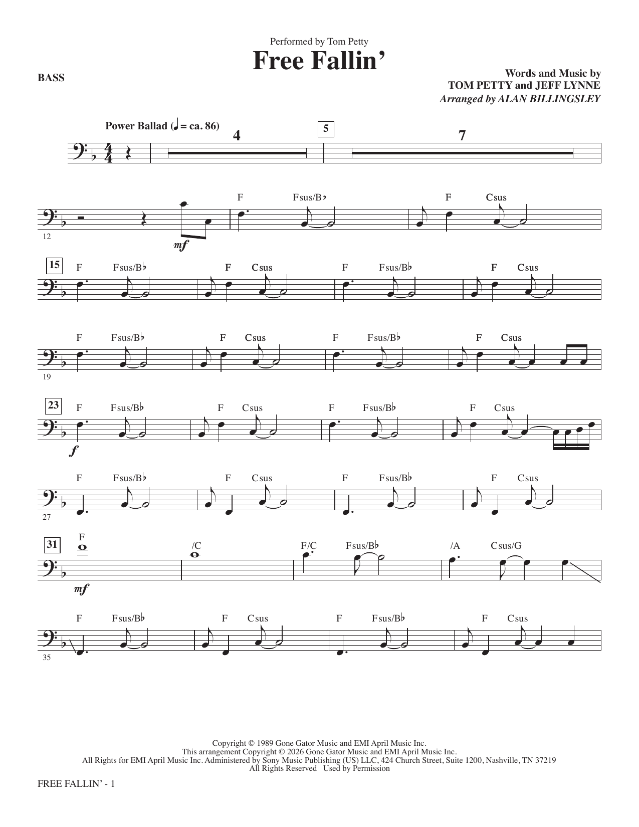 Free Fallin' (arr. Alan Billingsley) - Bass