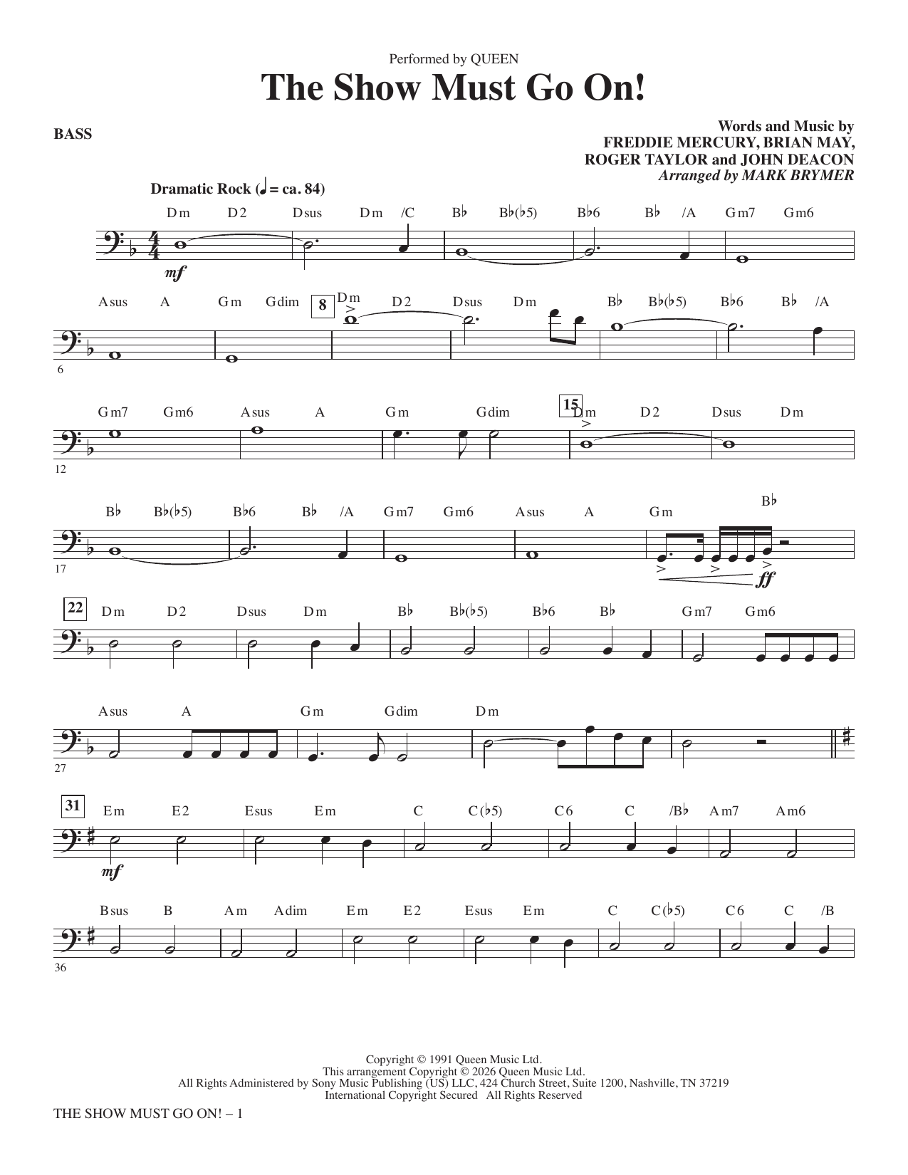 The Show Must Go On (arr. Mark Brymer) - Bass