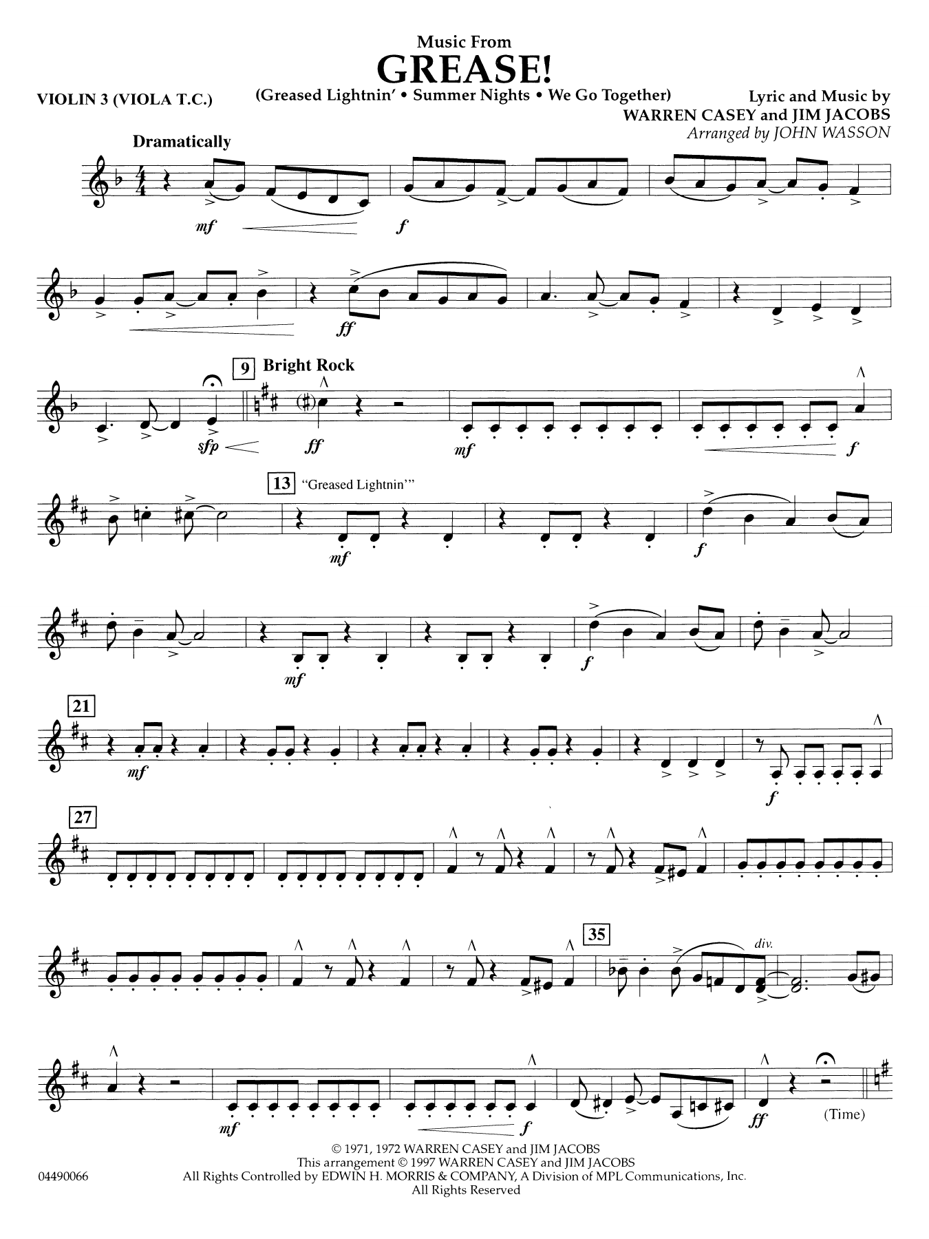 Music from Grease - Violin 3 (Viola Treble Clef)