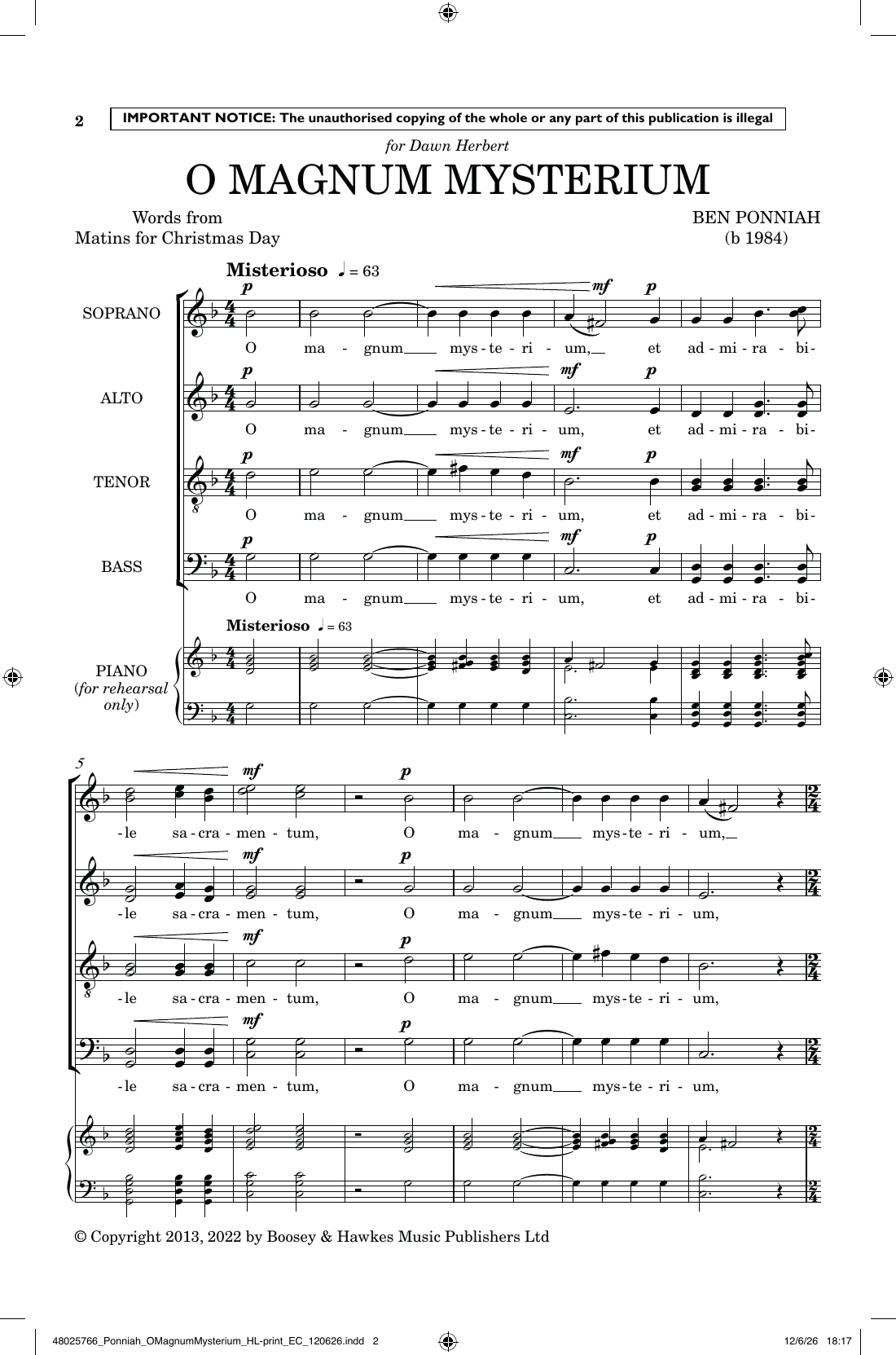 O Magnum Mysterium: SATB Choral Octavo