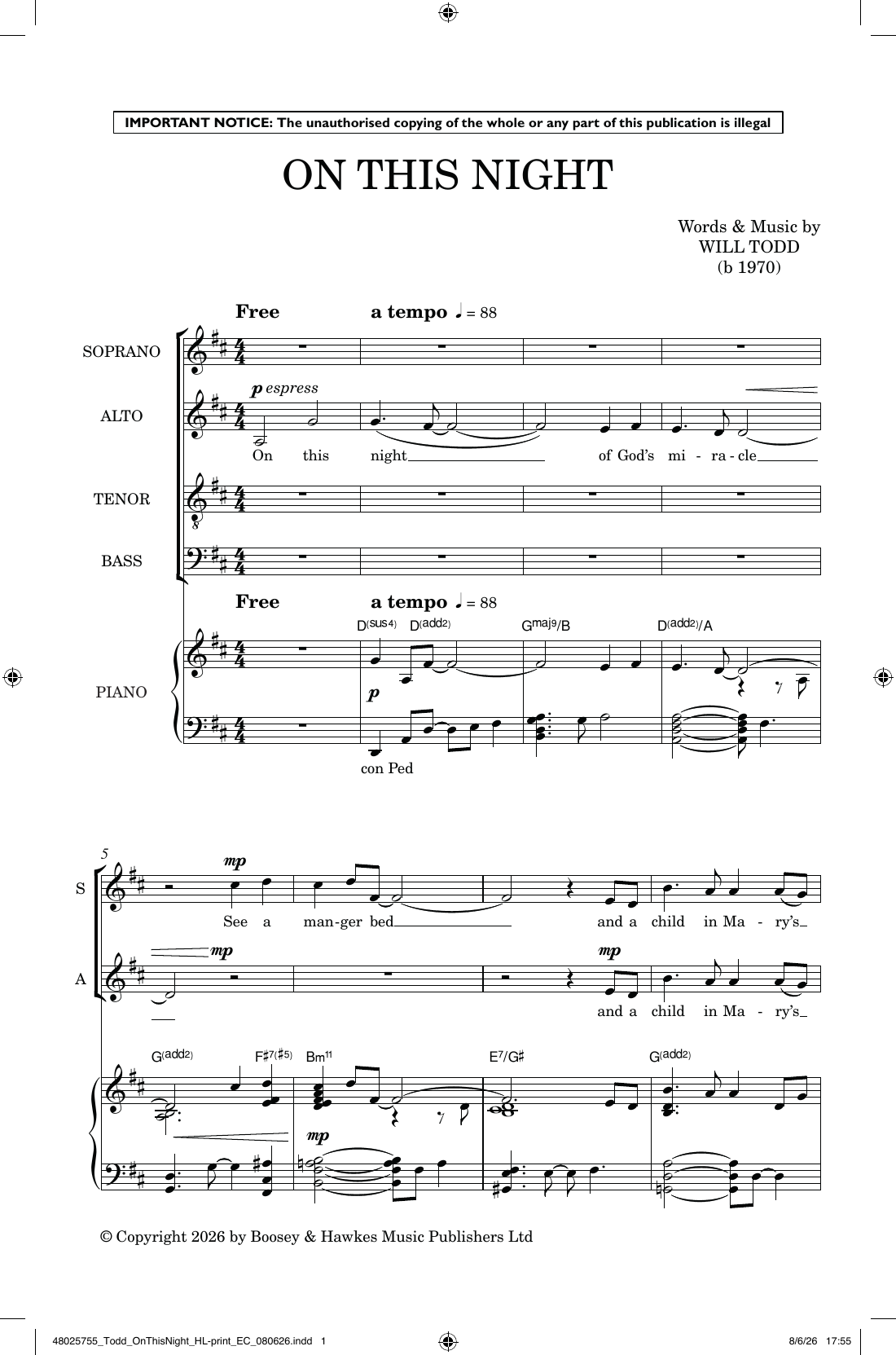 On This Night: SATB Choral Octavo