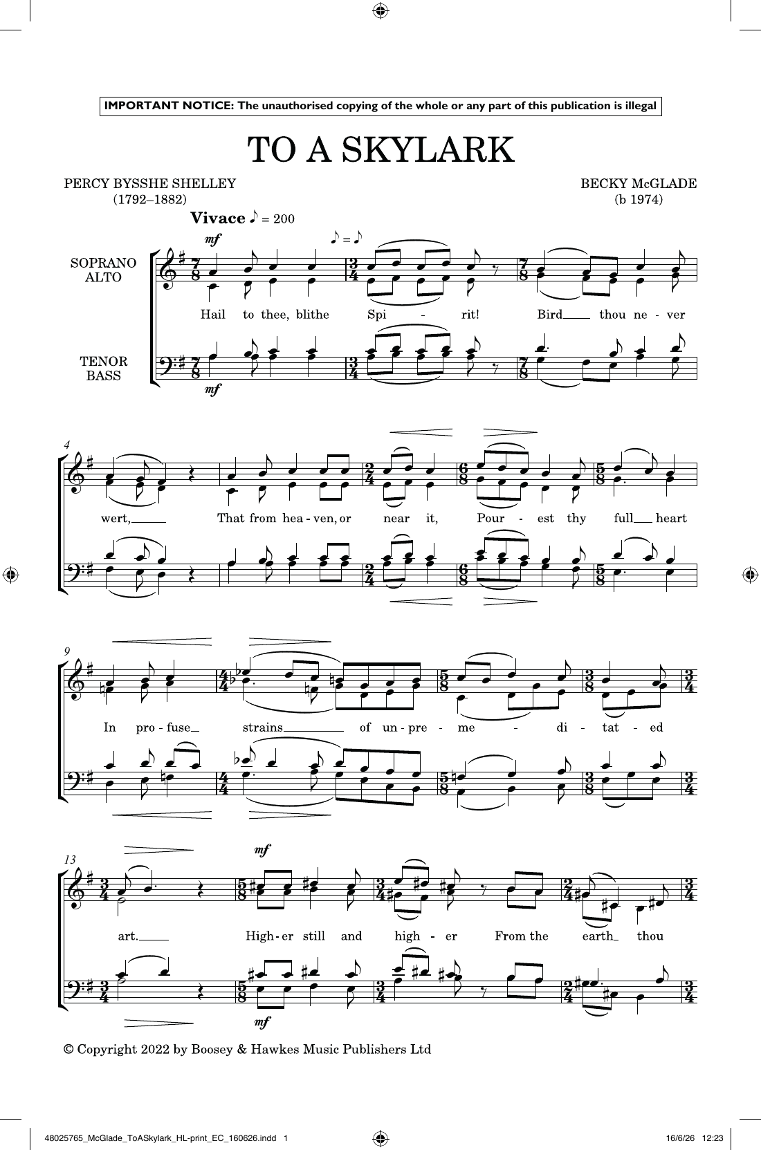 To A Skylark: SATB Choral Octavo