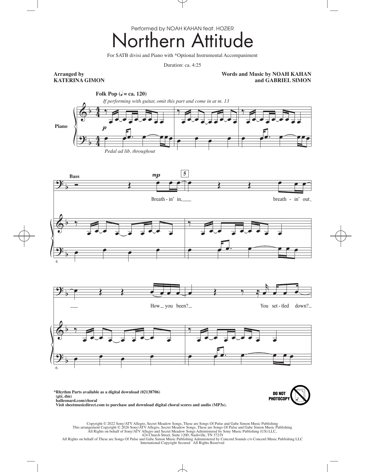 Northern Attitude (arr. Katerina Gimon) – Gabe Simon, Gabriel Simon, Noah Kahan – Notenvorschau