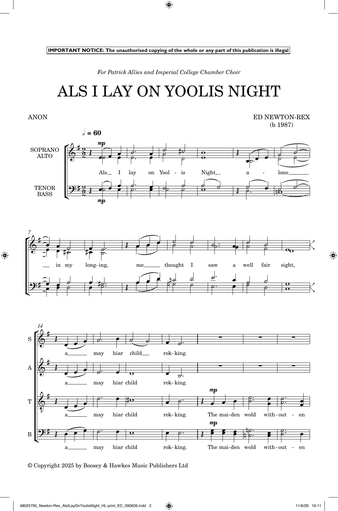 Als I Lay On Yoolis Night: SATB Choral Octavo
