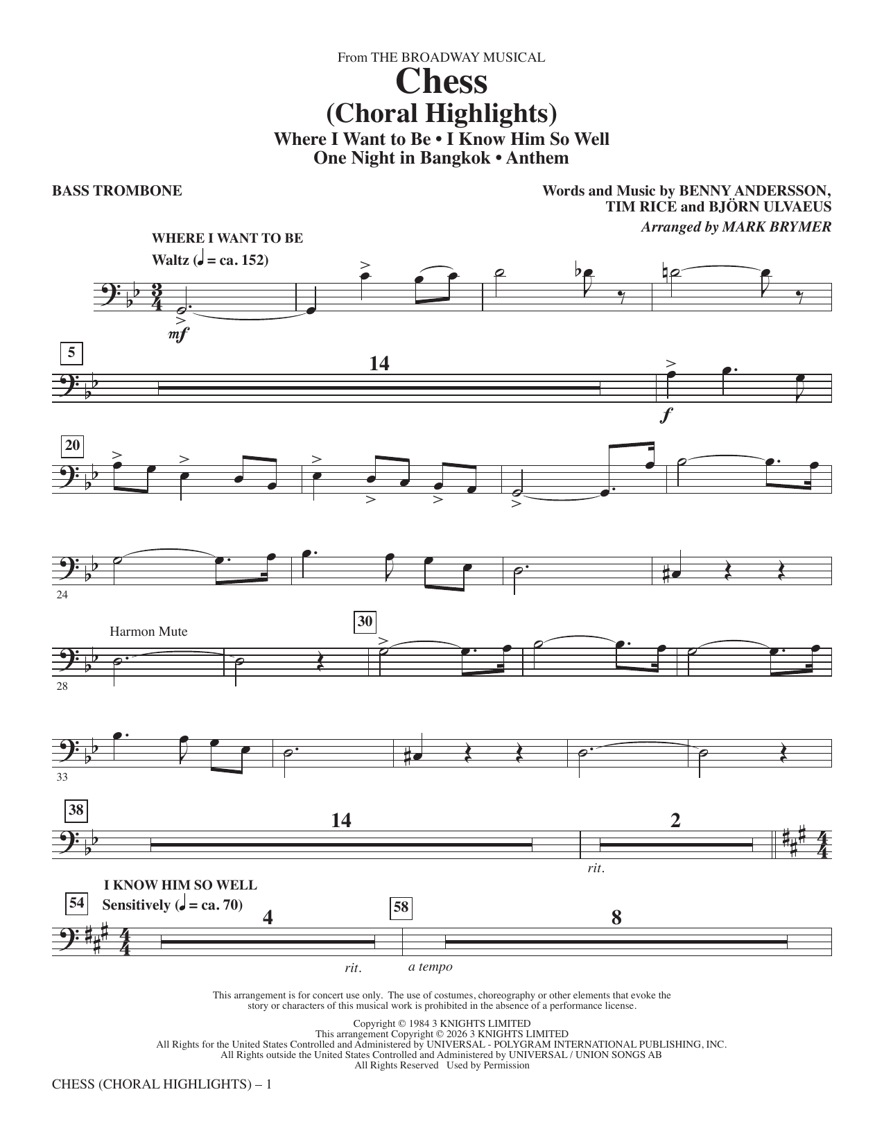 Chess (Choral Highlights) (arr. Mark Brymer) - Bass Trombone