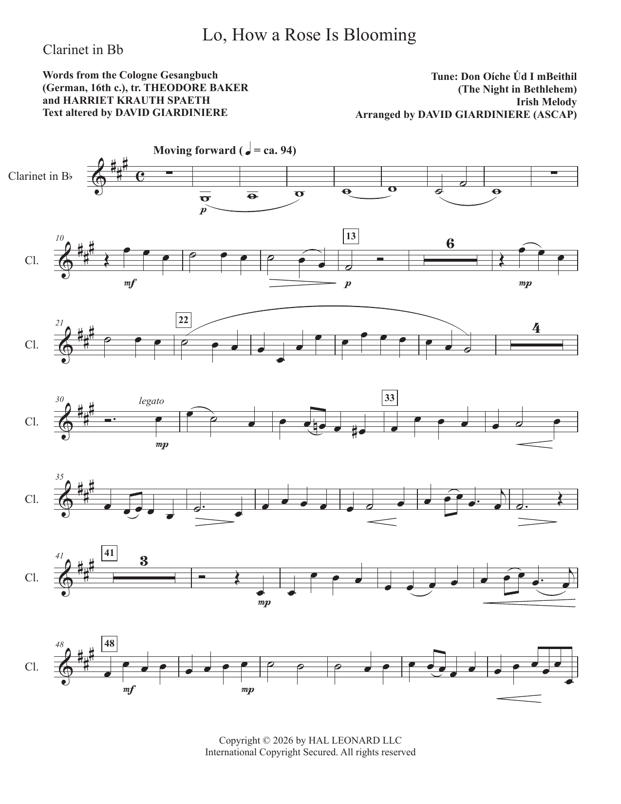 Lo, How A Rose Is Blooming - Clarinet in Bb