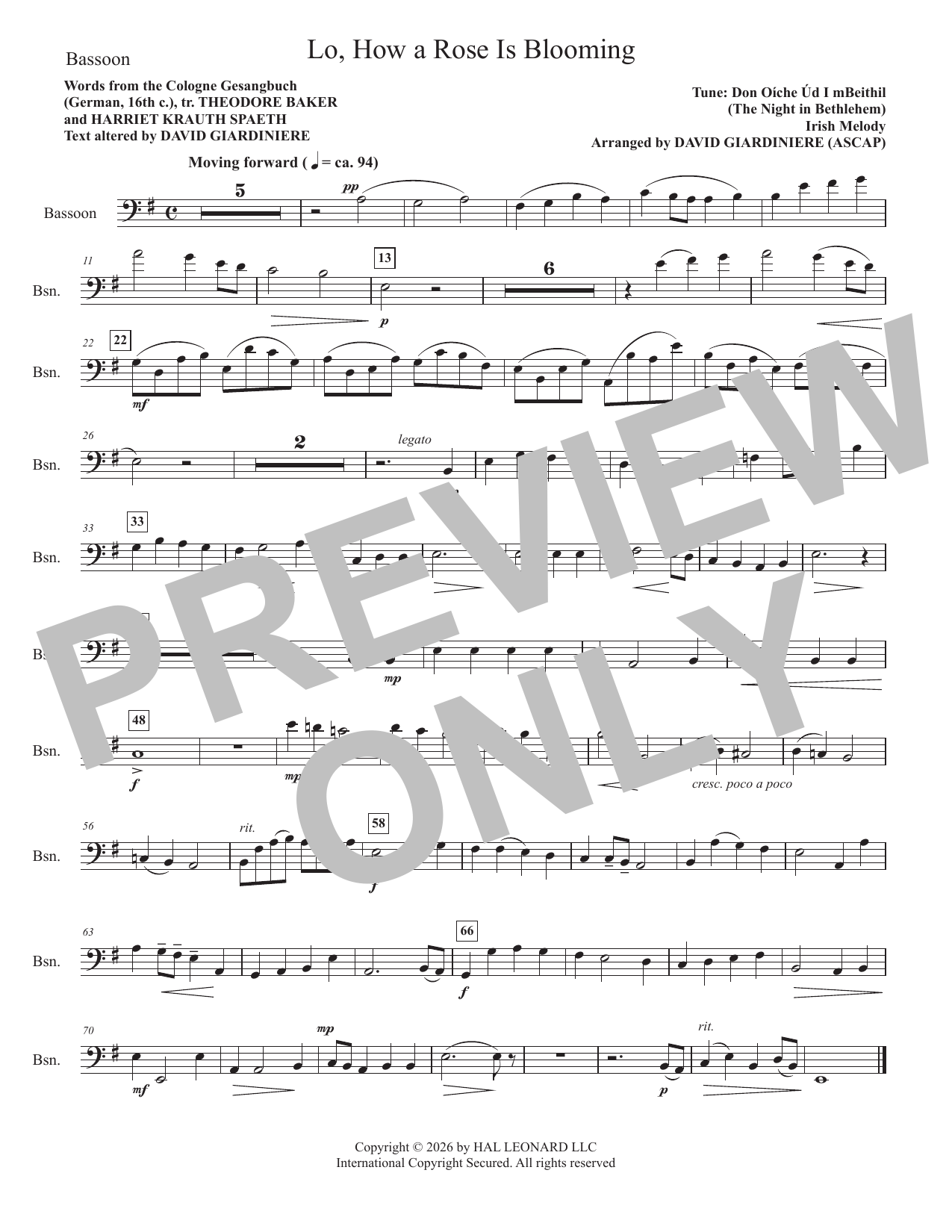 Lo, How A Rose Is Blooming - Bassoon