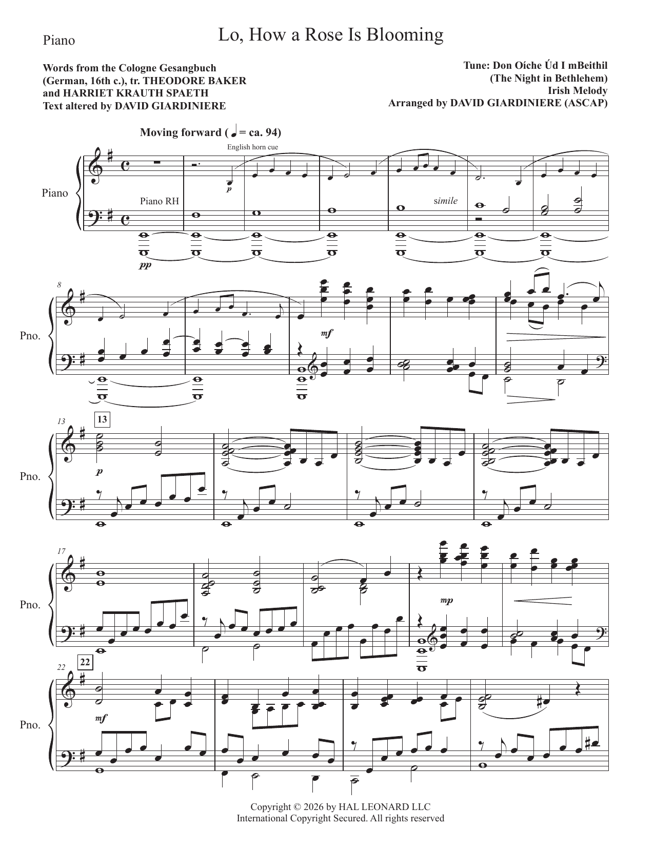 Lo, How A Rose Is Blooming - Piano