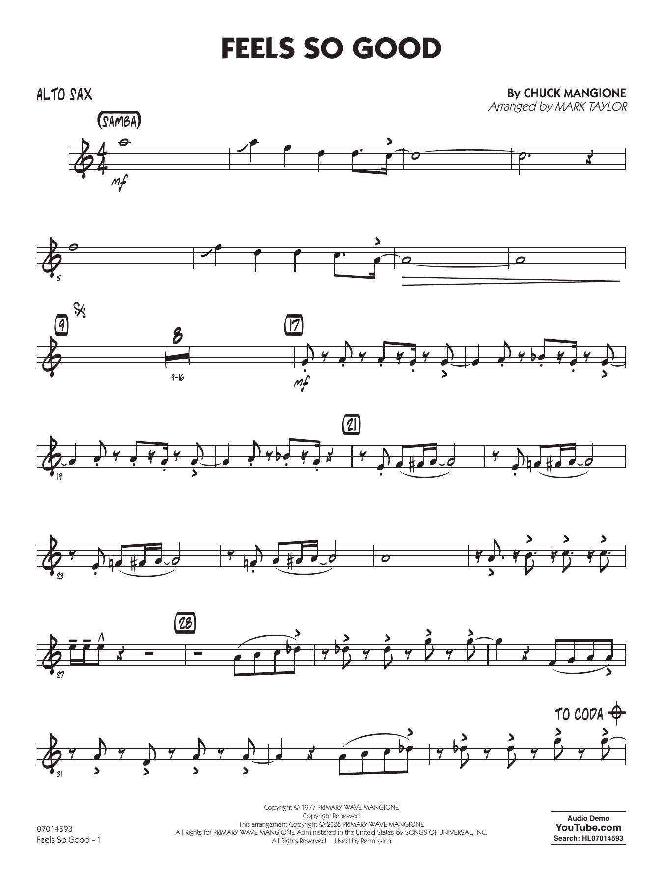 Feels So Good (arr. Mark Taylor) - Alto Sax